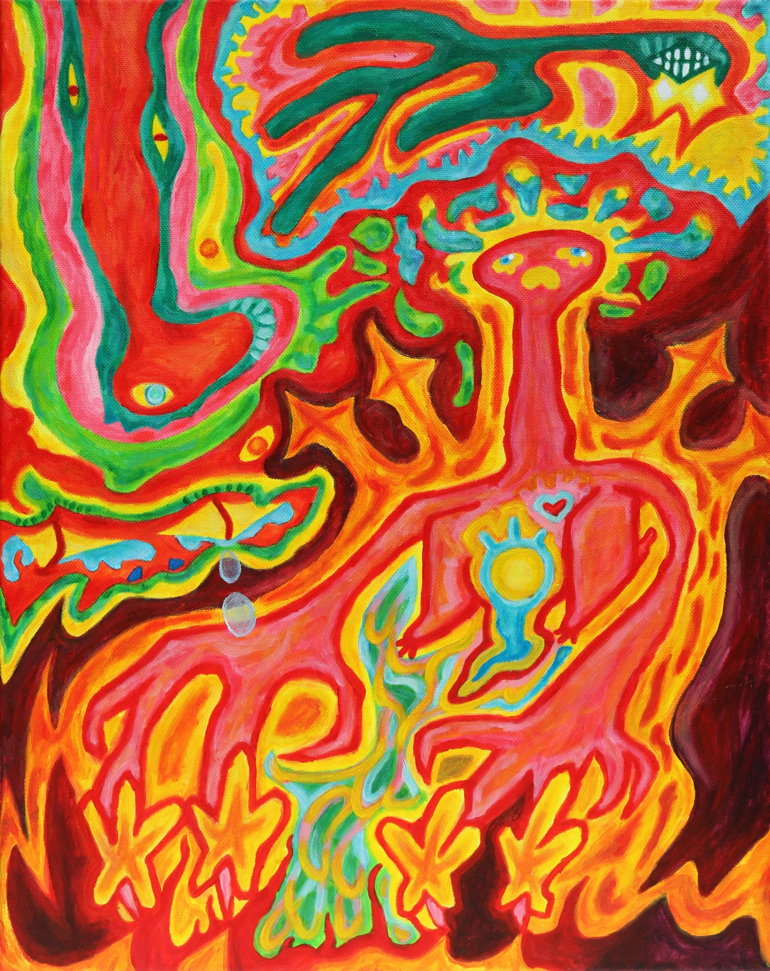 Original abstract colorful acrylic painting with swirling patterns, cartoonish faces, and star shapes in reds, yellows, greens, and blues, by Australian artist Kurt Failagutan 2025