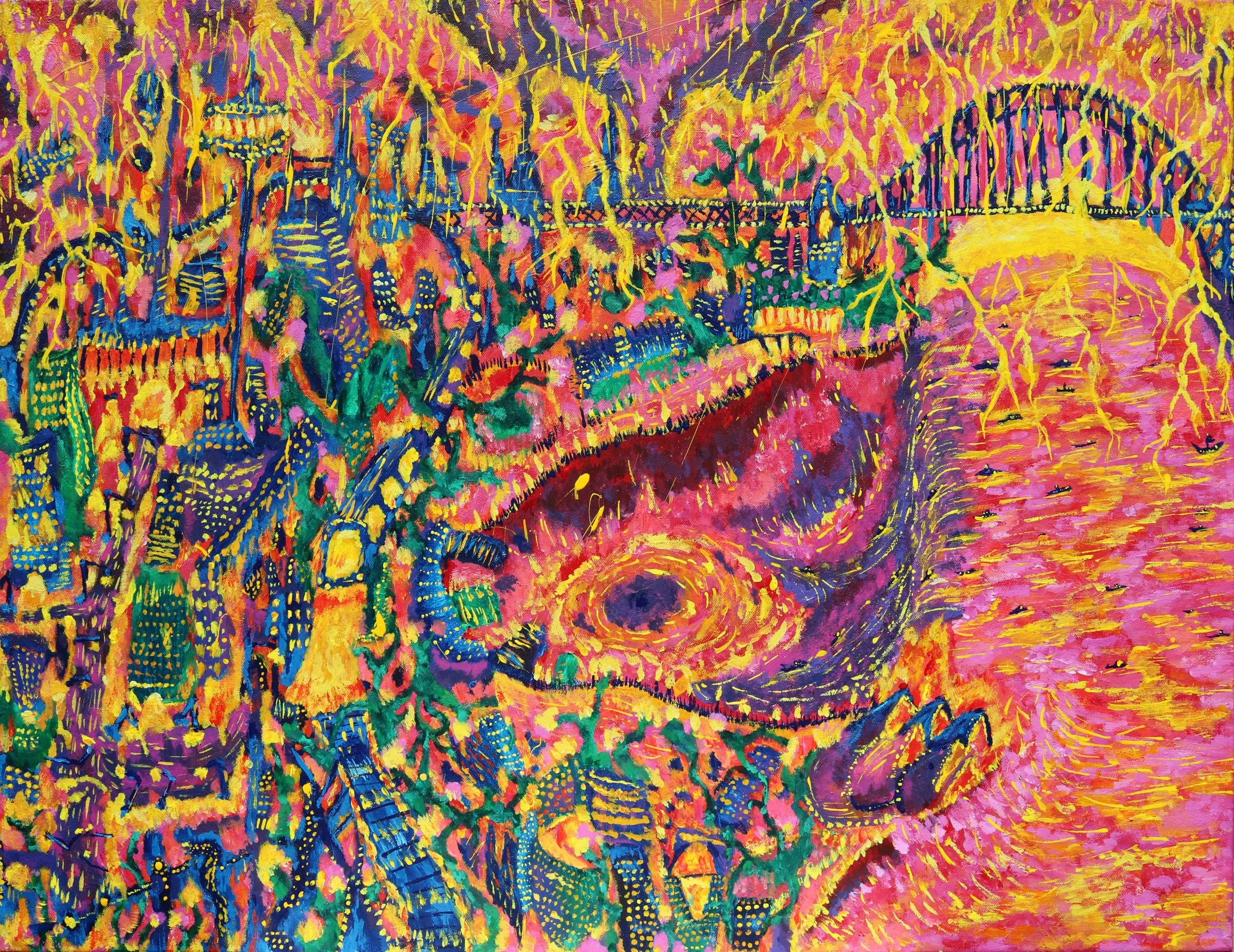Colorful abstract painting with a mixture of bright yellow, pink, purple, and green hues depicting a swirling scene with numerous tiny figures and structures of a brilliant city burning brightly, by Australian artist Kurt Failagutan 2025