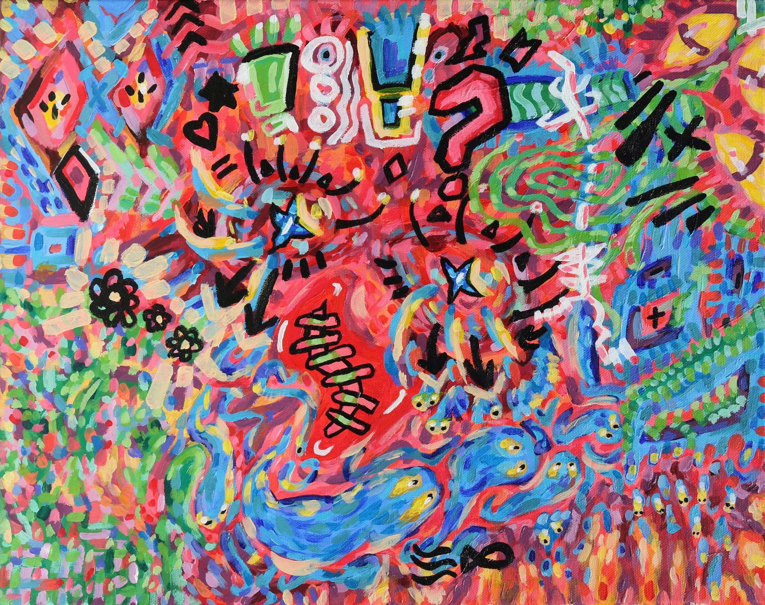Original colorful abstract painting with various shapes, lines, and symbols, including question marks, stars, flowers, and stylized faces, in vibrant shades of red, blue, green, yellow, and pink, by Australian artist Kurt Failagutan 2025