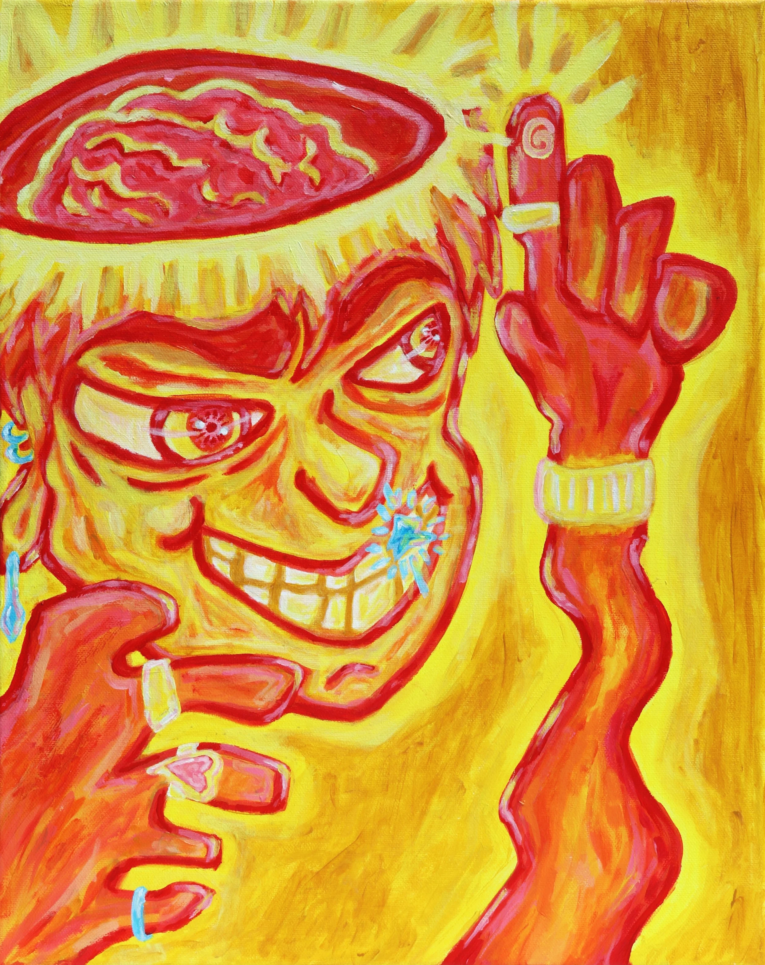 A colorful abstract acrylic painting of a golden person with a large smiling face, showing teeth, wearing shiny jewllery, with a brain on top of the head and surrounded by vibrant yellow and red hues, by Australian artist Kurt Failagutan 2025