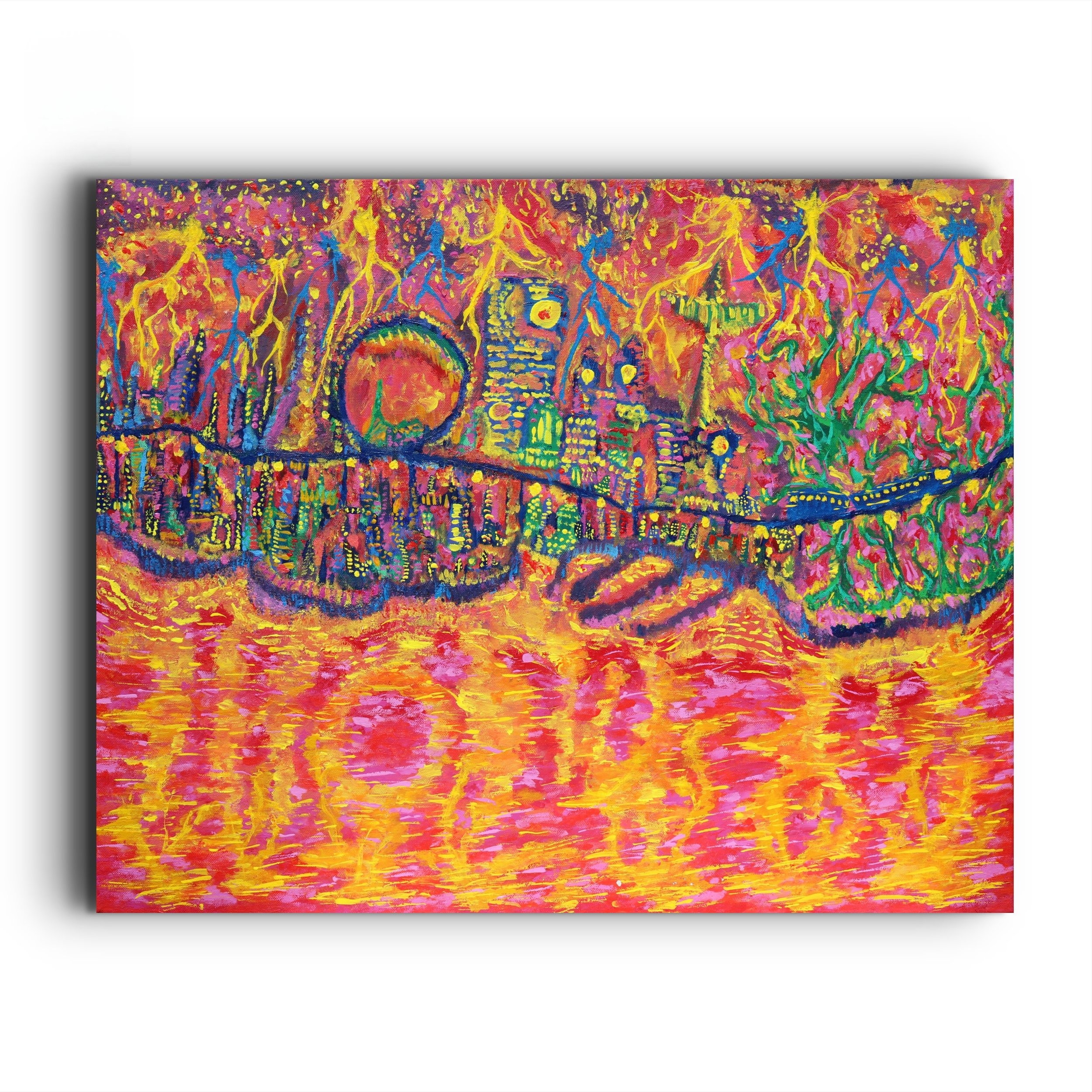Colorful abstract painting of a cityscape with bridges and trees reflected on water, using vibrant pinks, yellows, blues, and greens.