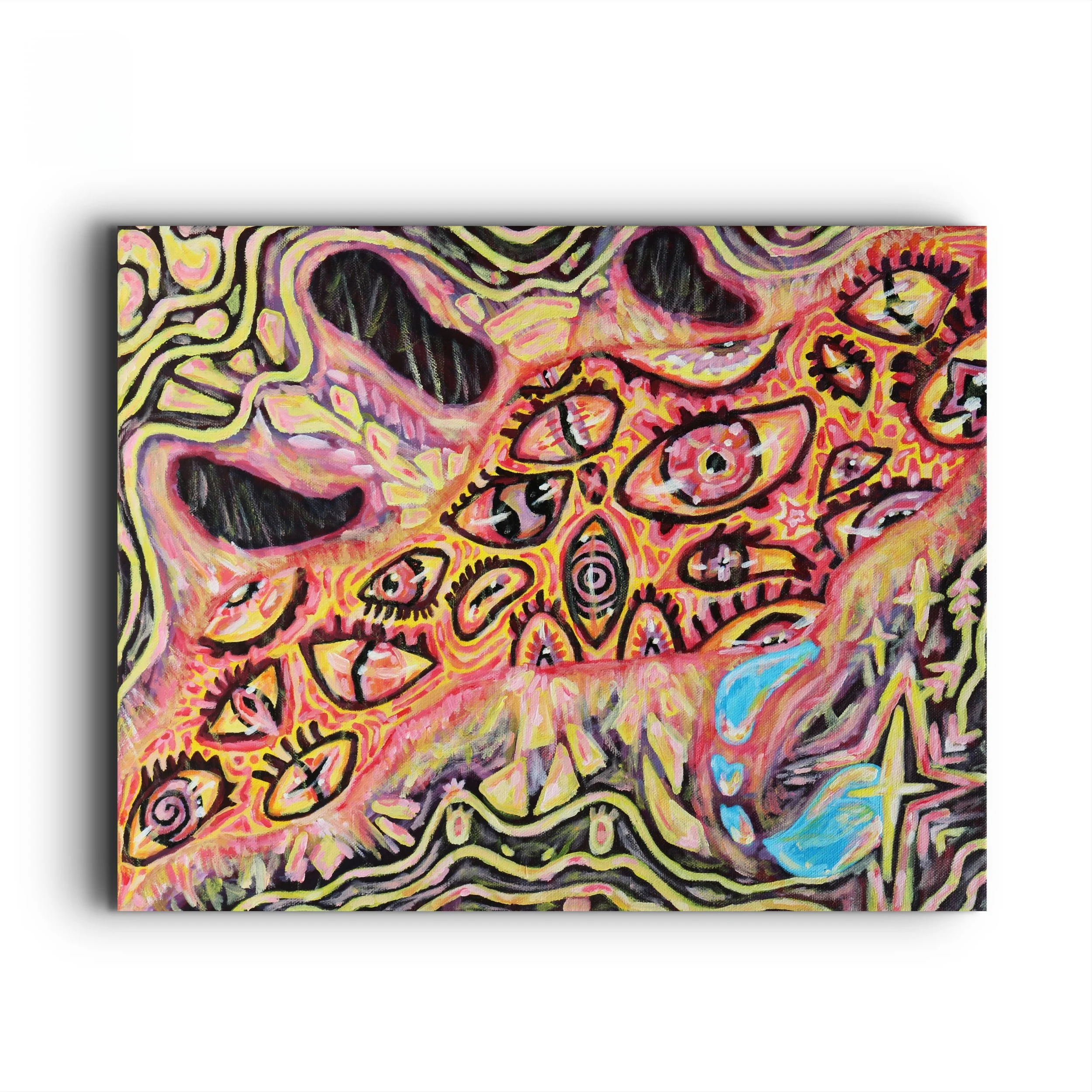Abstract mixed media painting with pink, yellow, black, and blue shapes resembling faces and eyes, with swirling patterns and intricate details.