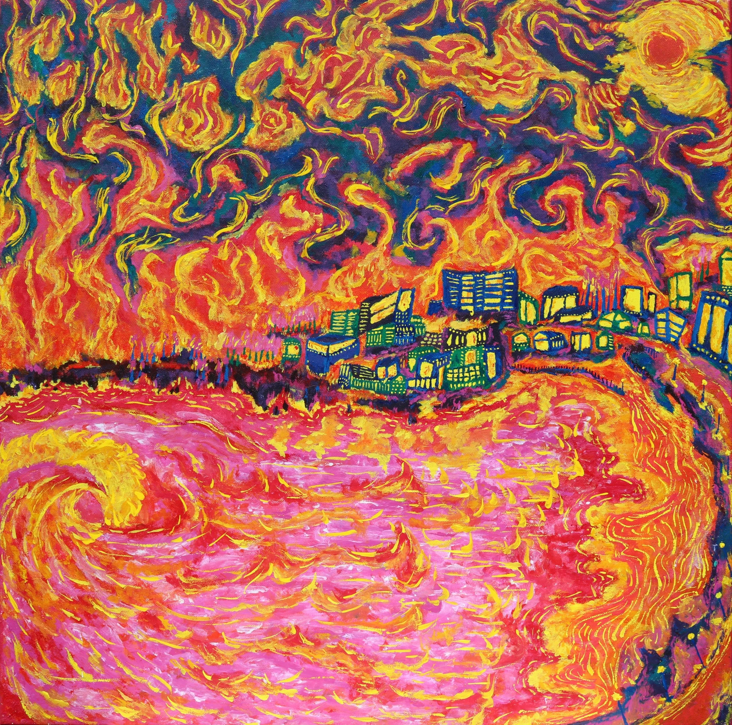 Abstract painting of a city with burning fire in the sky, swirling pink water in the foreground, and vibrant, colorful buildings, by Australian artist Kurt Failagutan 2025