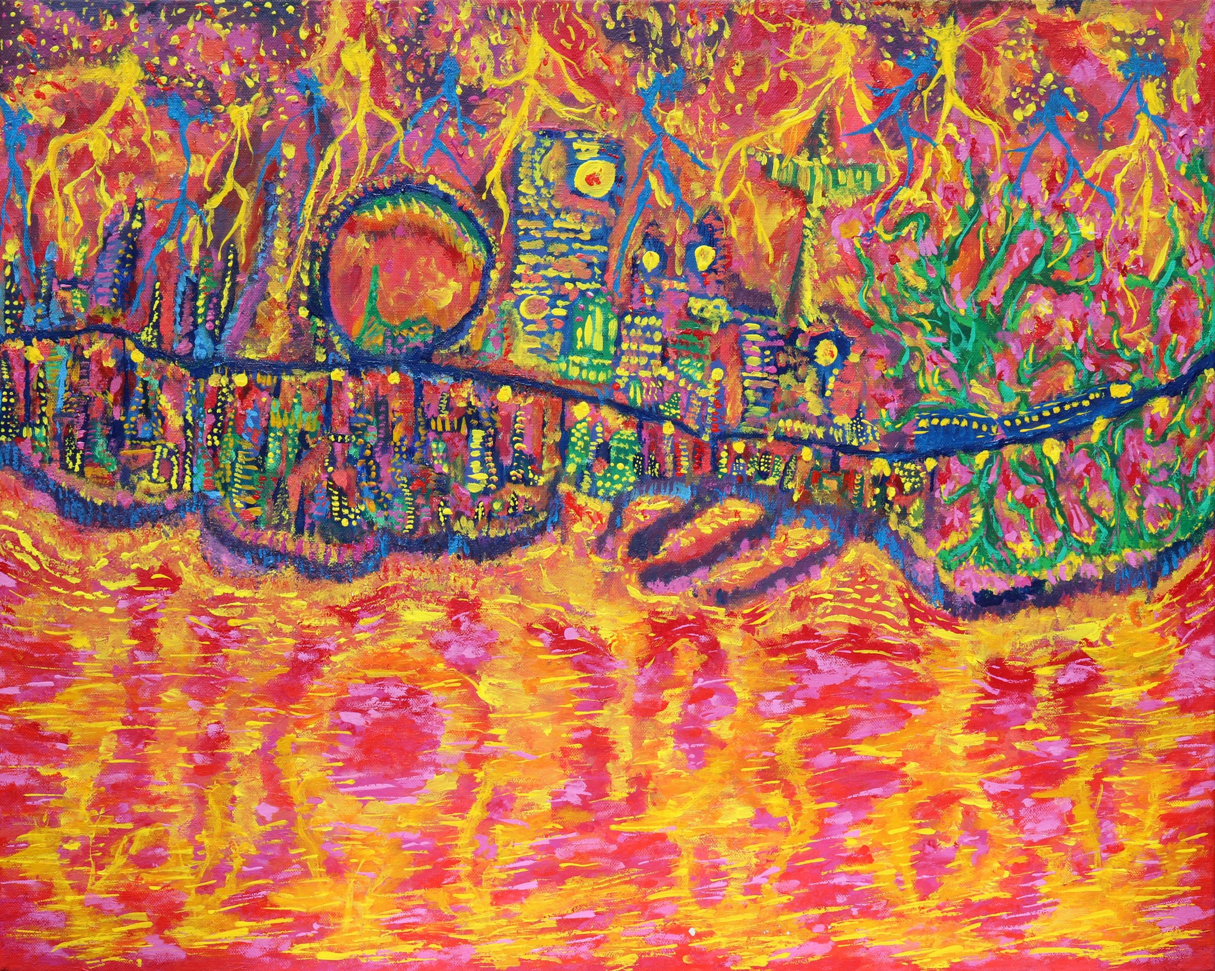 A brightly colored abstract painting of a cityscape reflected in water, with a bridge and buildings depicted in vibrant colors, by Australian artist Kurt Failagutan 2025