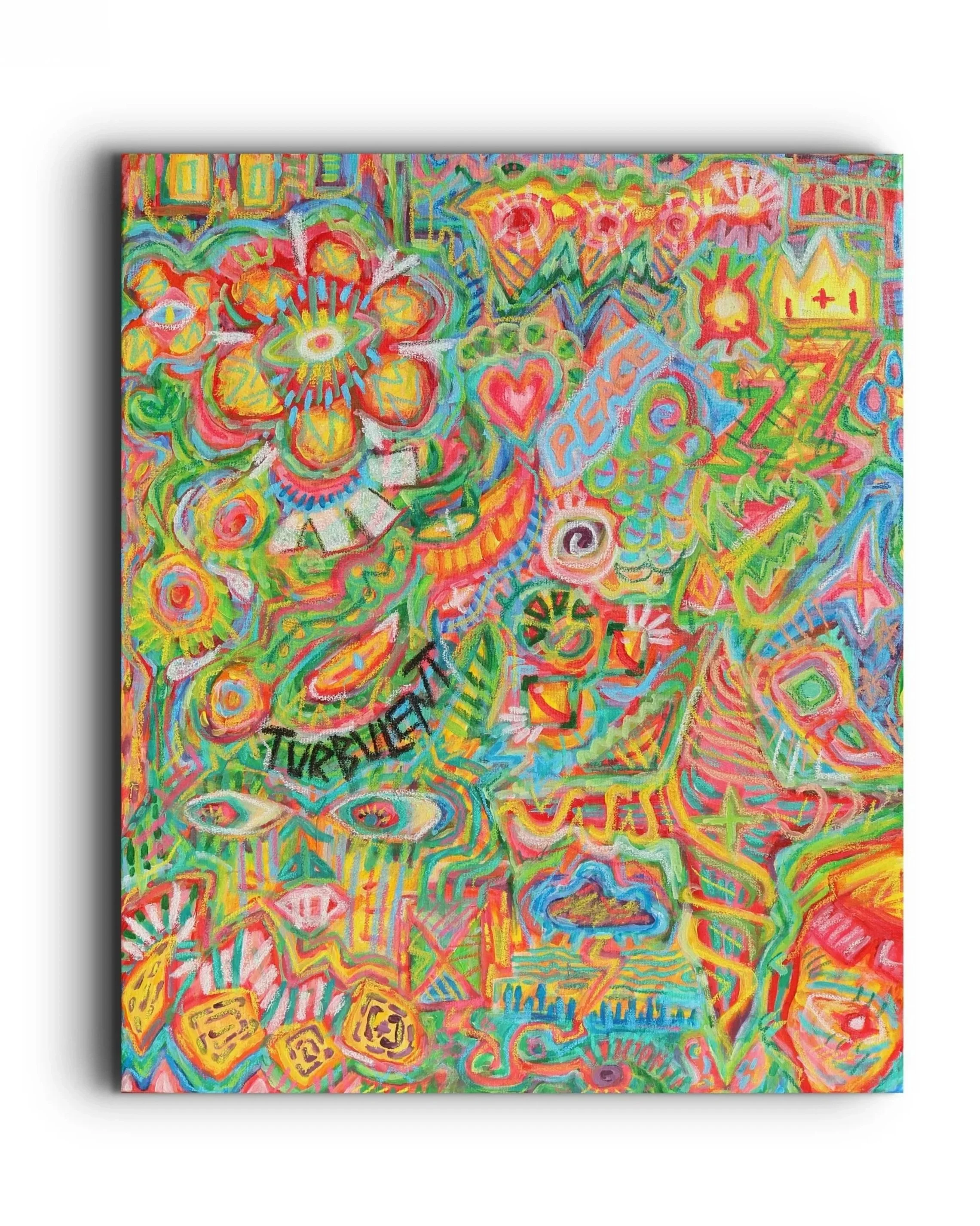Colorful abstract graffiti-style artwork with various shapes, symbols, and words like 'PEACE' and 'TURBULENT'.