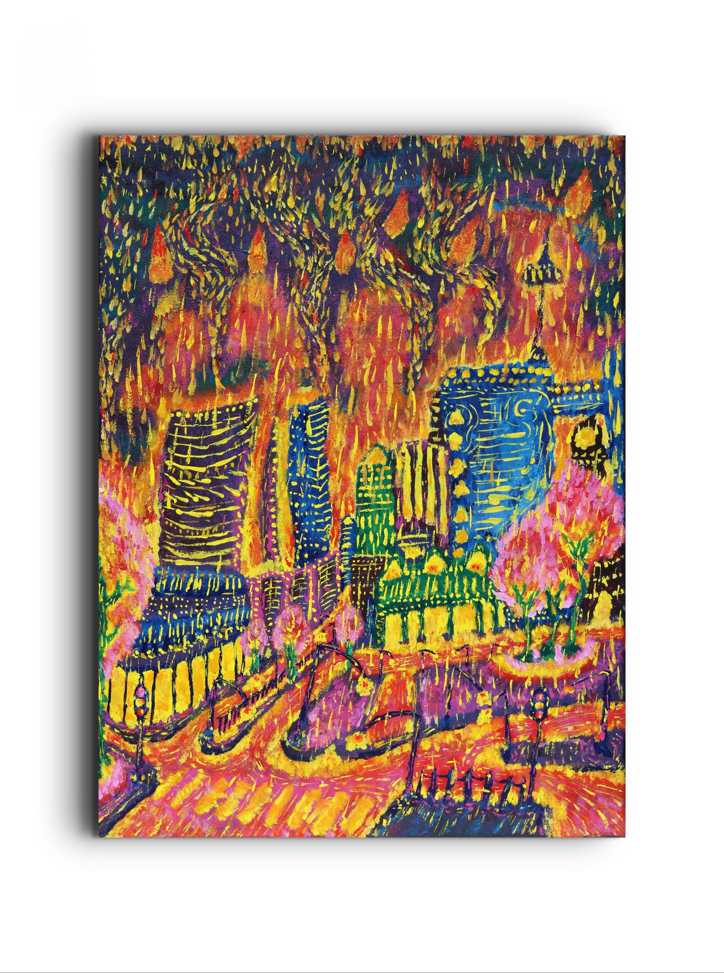 Colorful cityscape with tall buildings, trees, and streets illuminated at night in an abstract, vibrant painting style.
