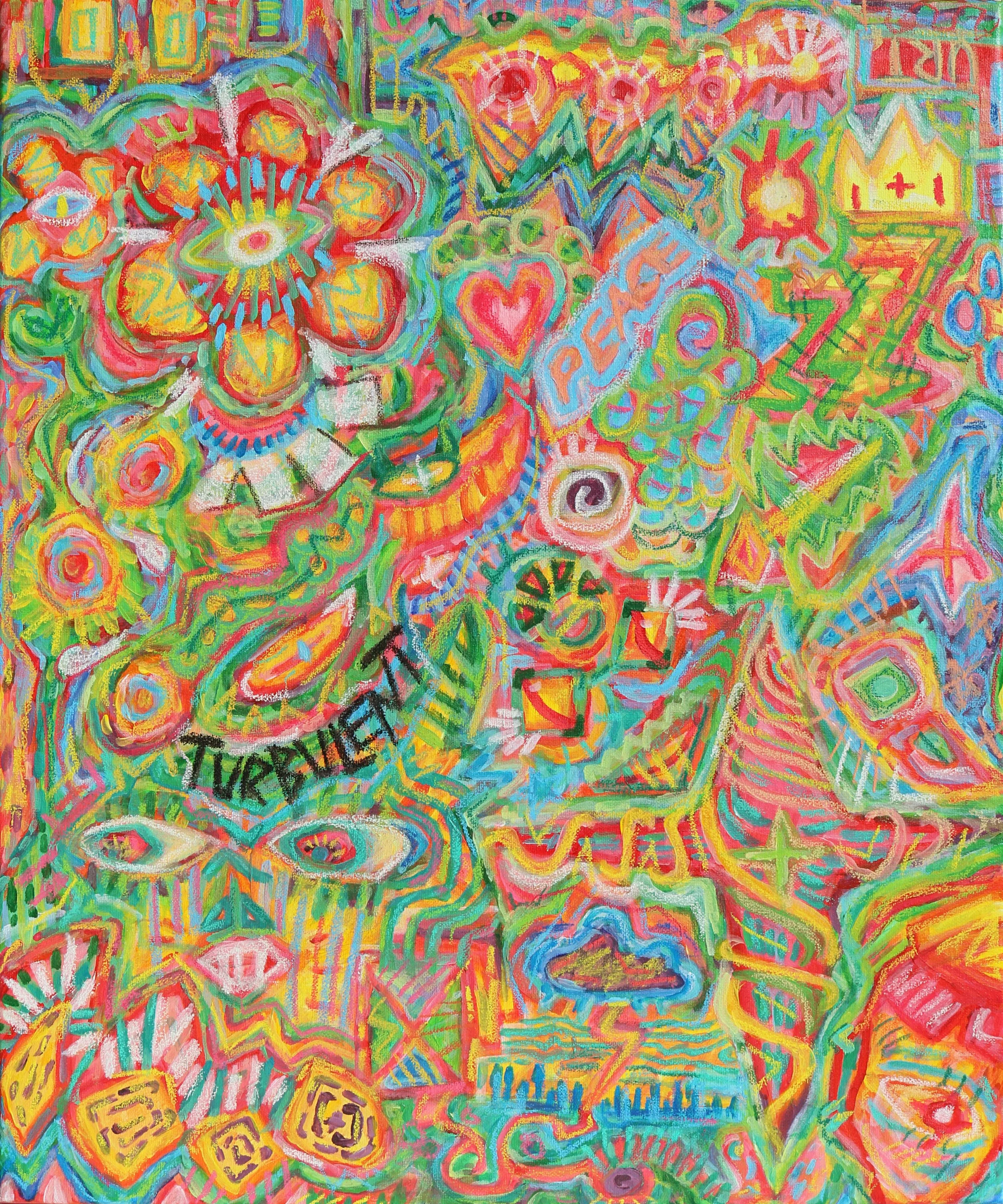 Original colorful abstract acrylic and oil pastel artwork with various shapes, eyes, hearts, and words like "PEACE" and "TURBULENT" in vibrant yellow, red, green, blue, and pink hues, by Australian artist Kurt Failagutan 2025