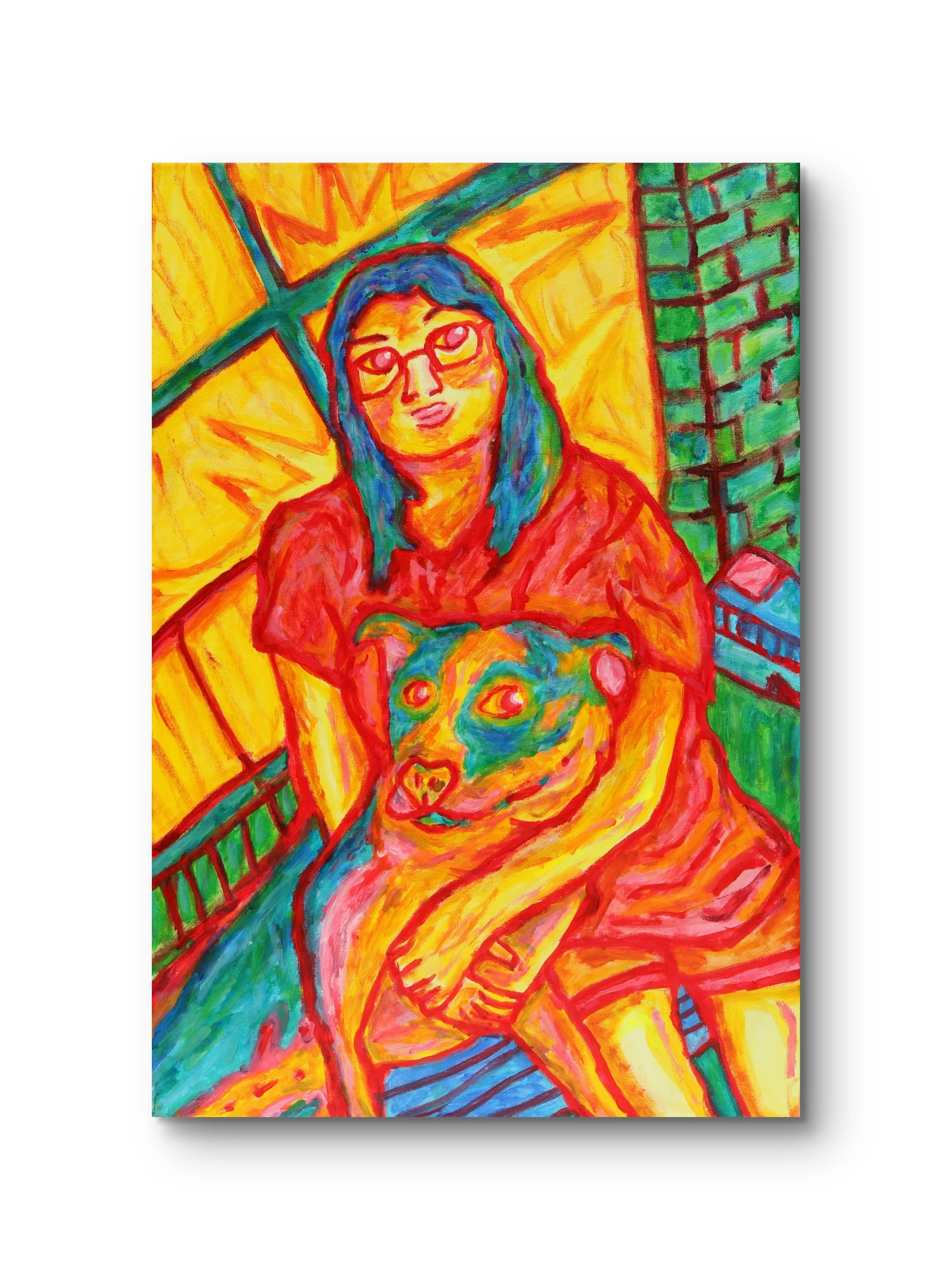 Colorful abstract painting of a woman with glasses holding a dog, featuring vivid colors and expressive brushstrokes.