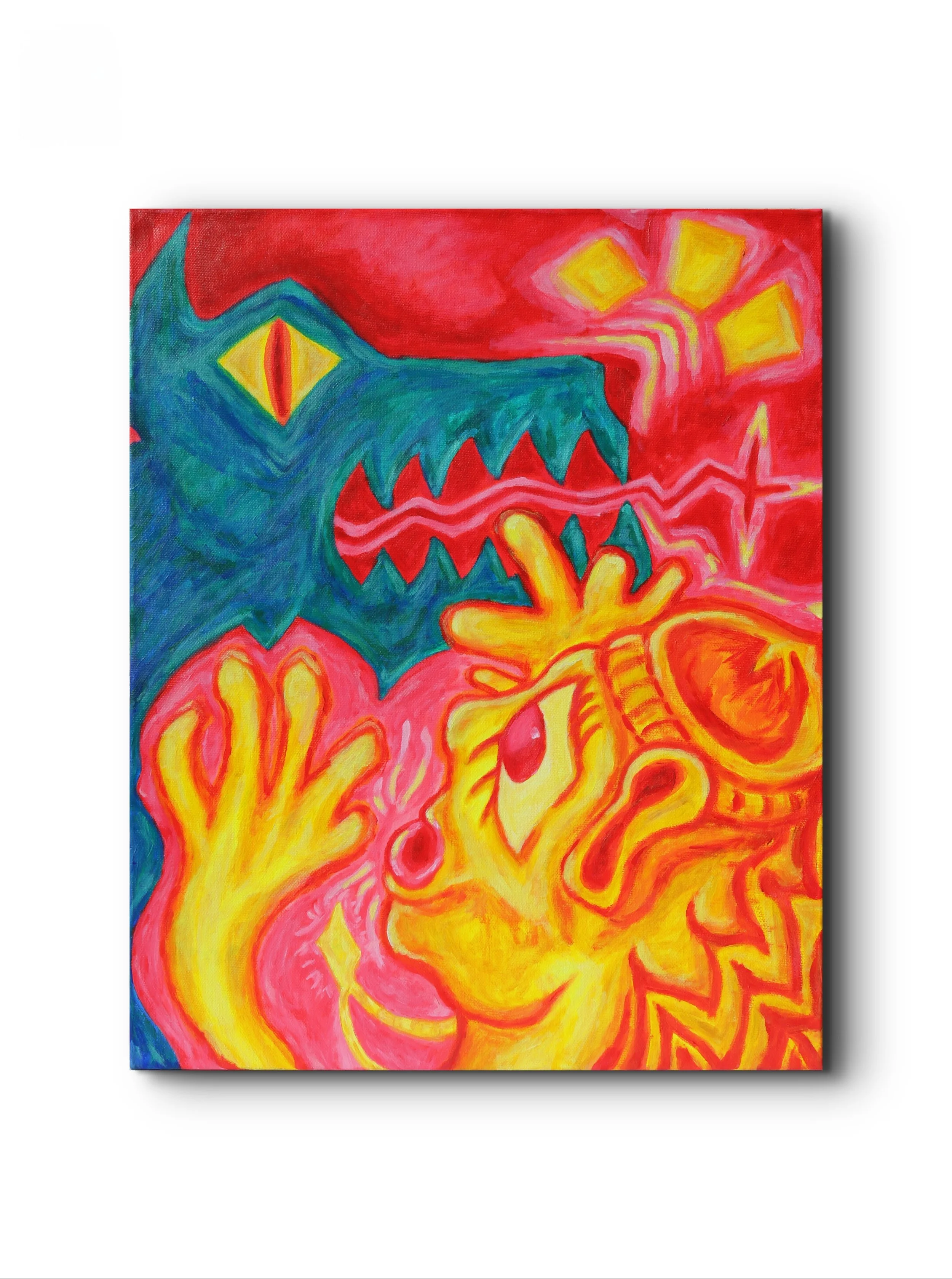 Colorful abstract painting depicting a blue dog with yellow eyes and sharp teeth, a yellow and orange face with closed eyes, a hand with fingers near the face, and bright yellow and orange shapes on a red background.