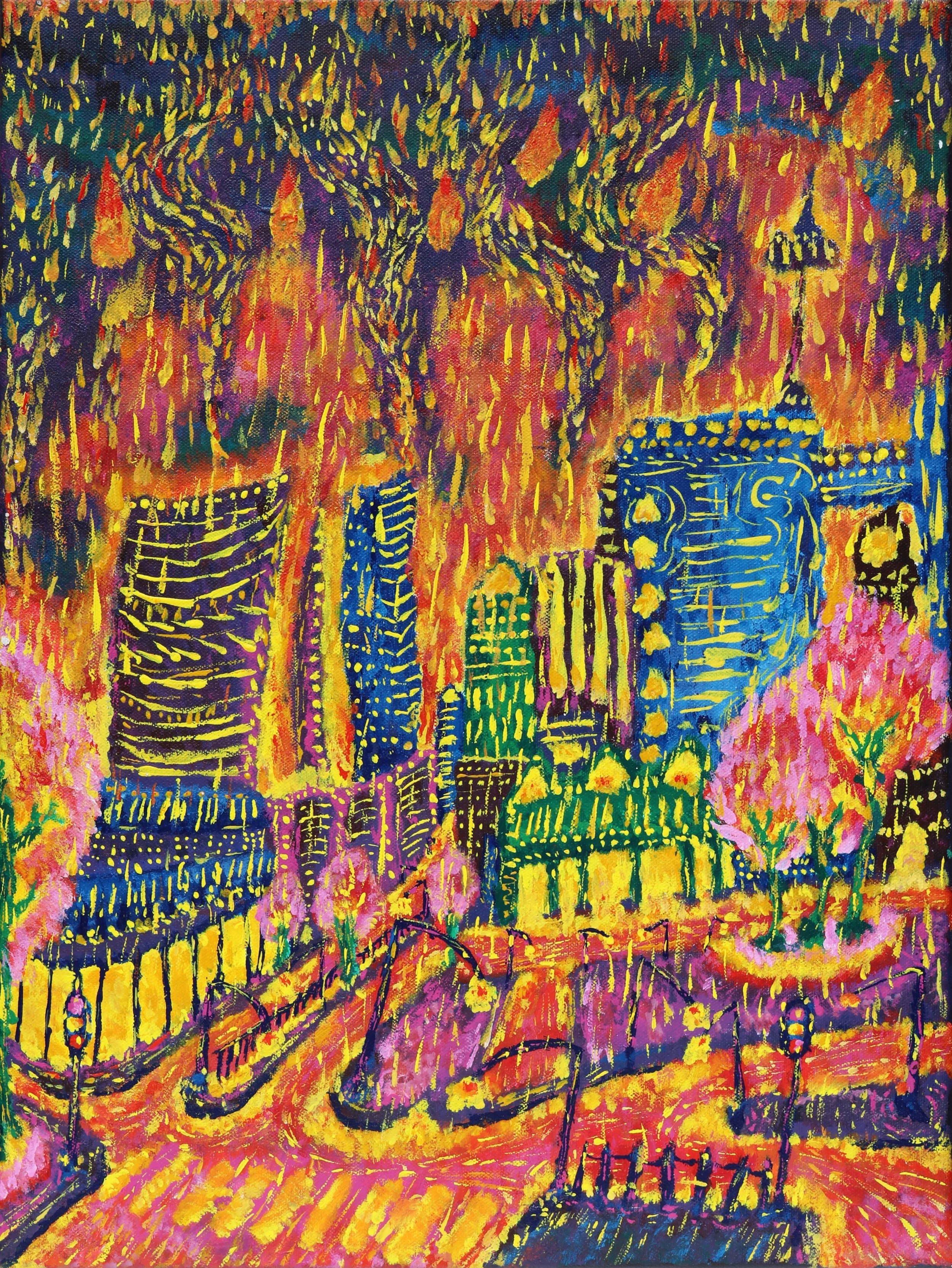 Colorful abstract painting of a cityscape with skyscrapers, trees, and streetlights.