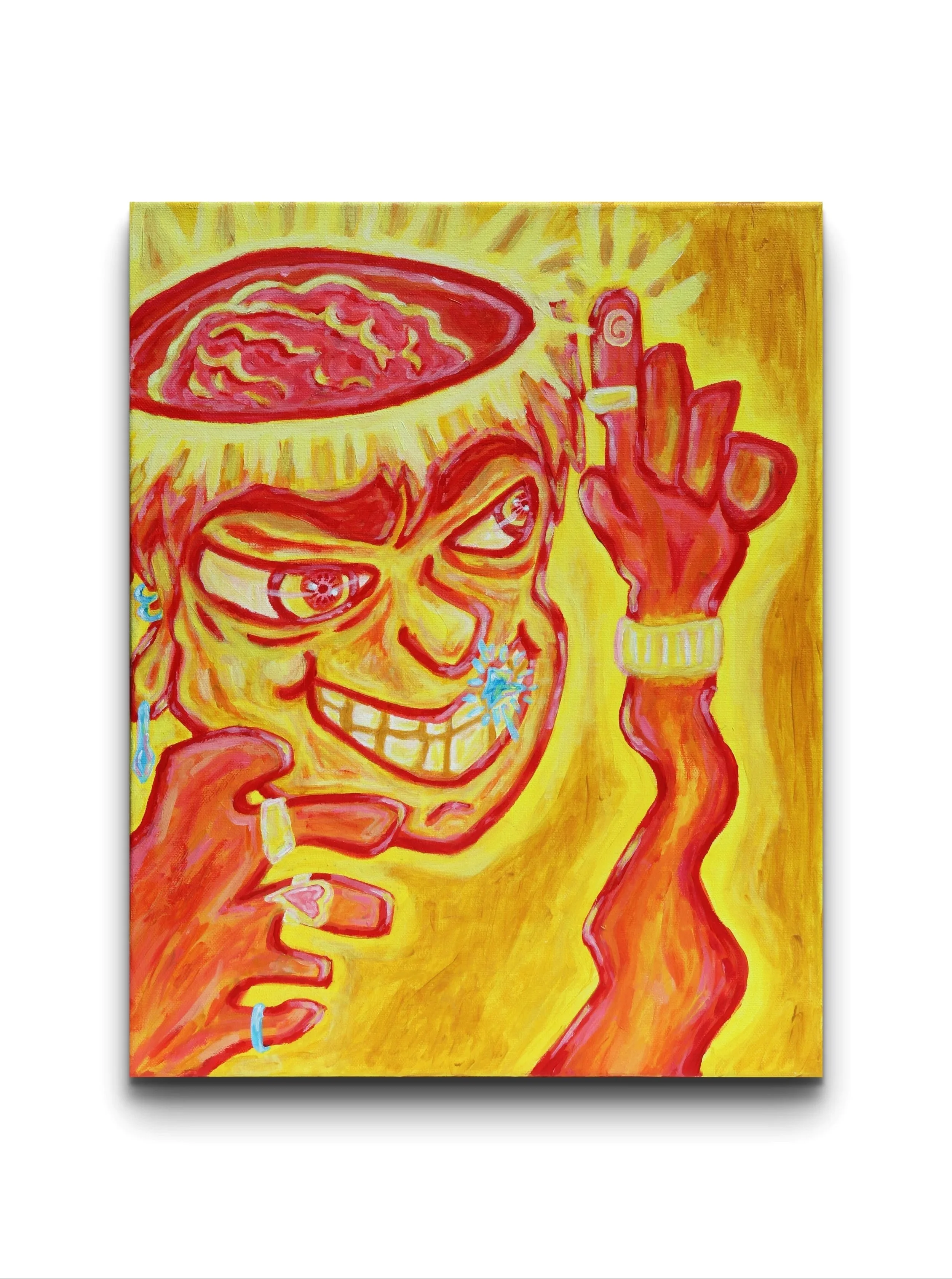 Colorful painting of a person with a glowing brain, smiling with clenched teeth, holding a cigarette, and wearing rings and earrings, with bright yellow and red background.
