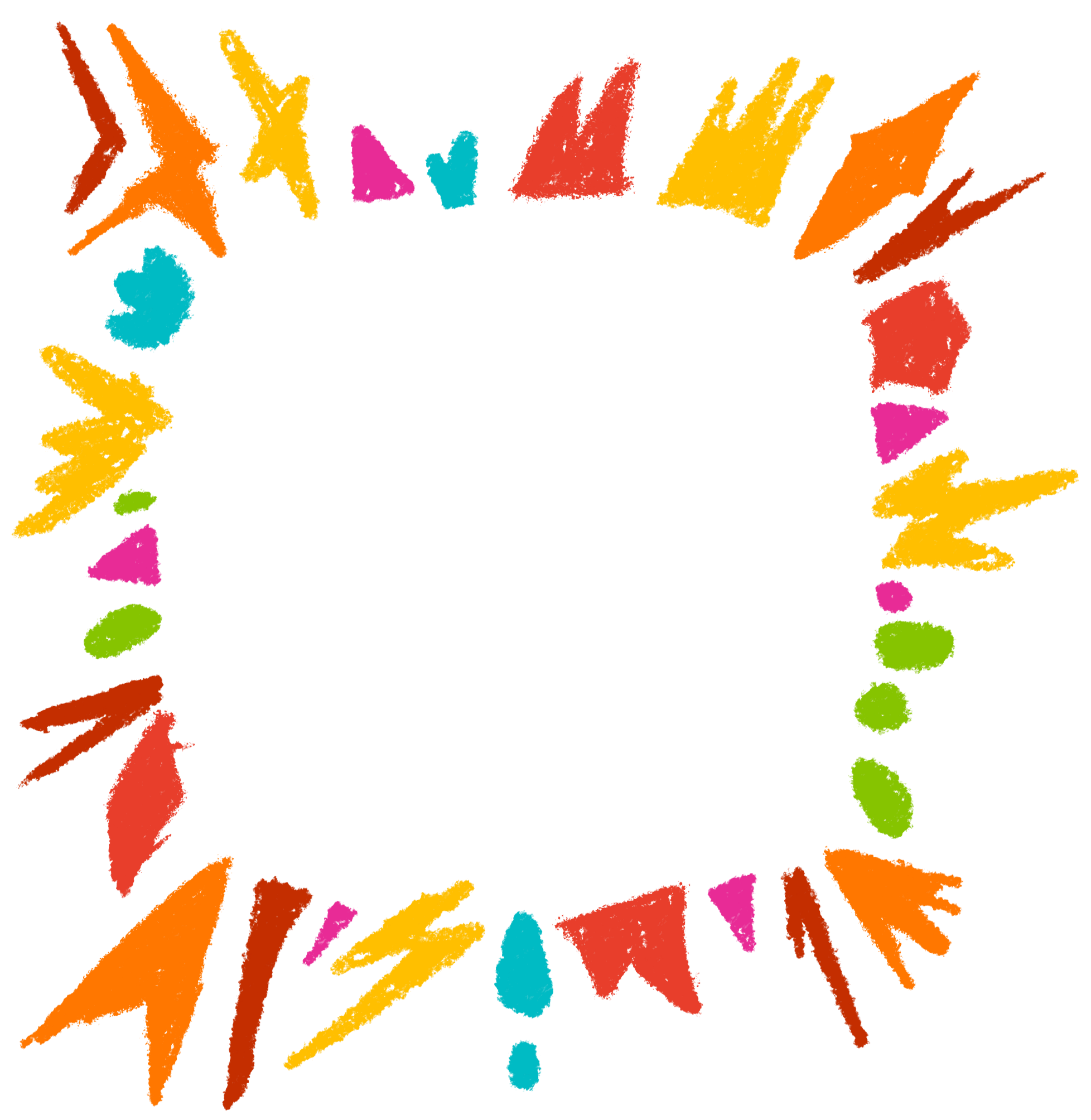 Colorful hand drawn abstract frame with shapes and sections of pink, green, ornage, yellow and blue.