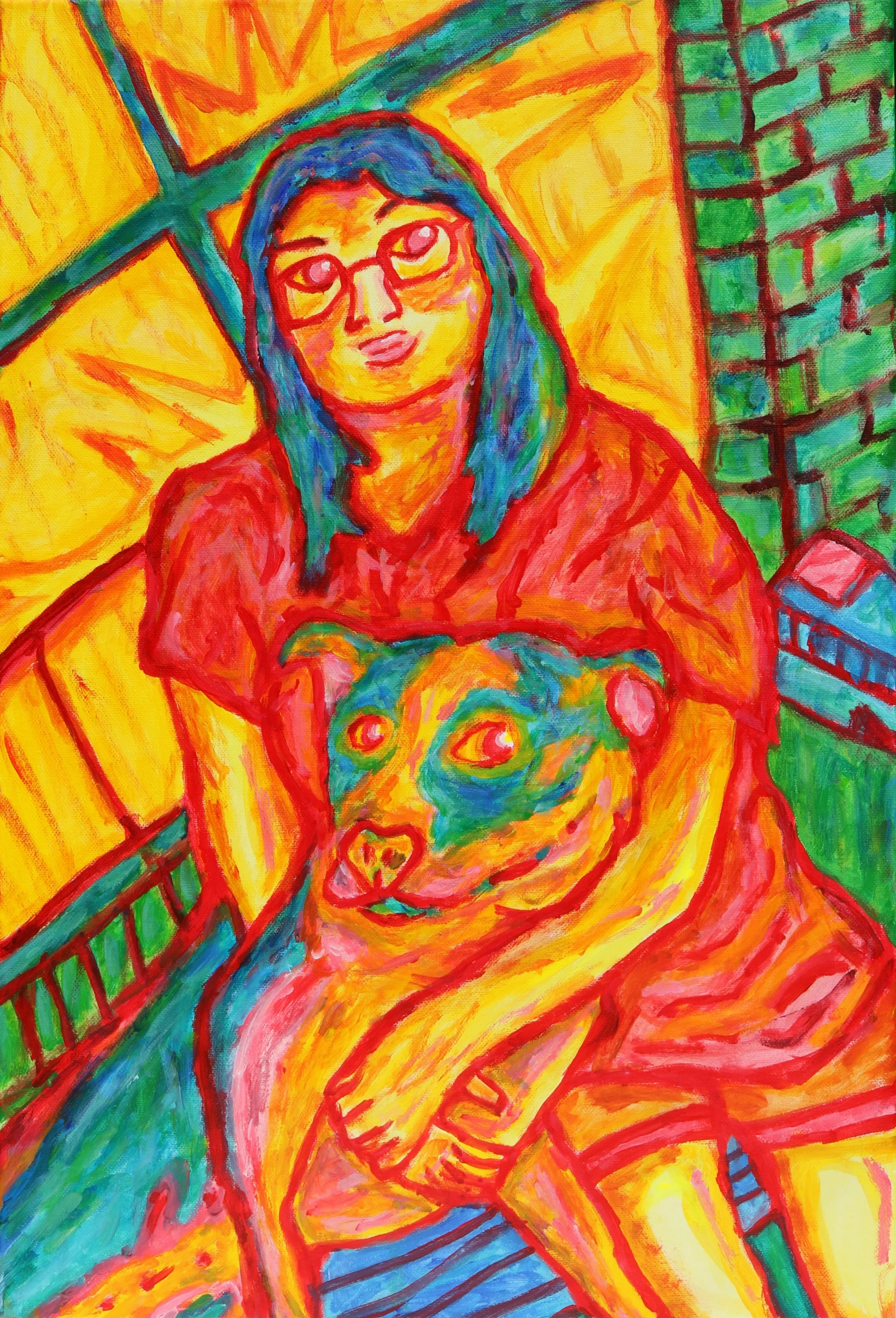 A colorful acrylic painting of a woman with glasses sitting on a bench, holding a dog. The background is a vivid yellow with a green brick wall. Original painting Valentines gift by Australian artist Kurt Failagutan 2026