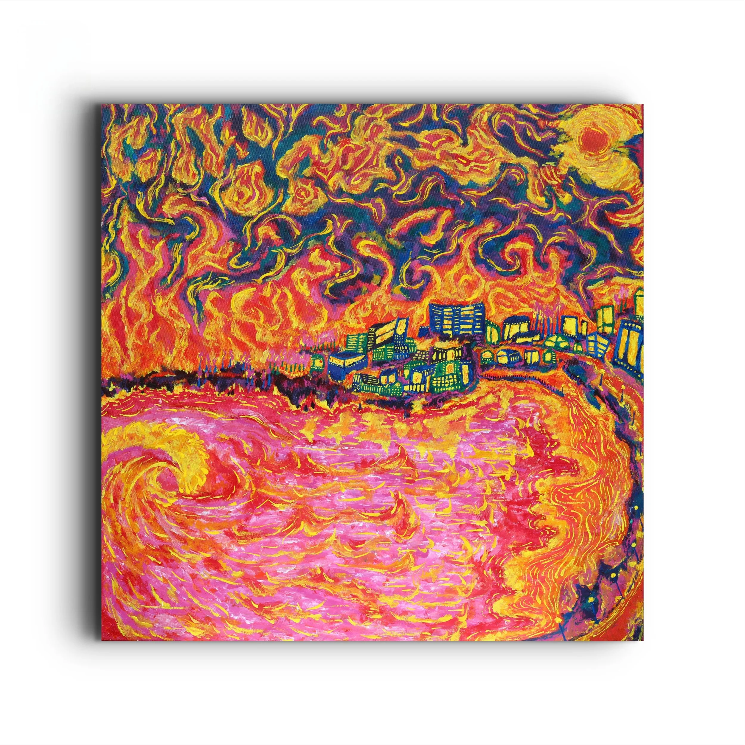 Painting of a cityscape on fire with swirling smoke and flames, using vivid warm colors and bold brushstrokes.