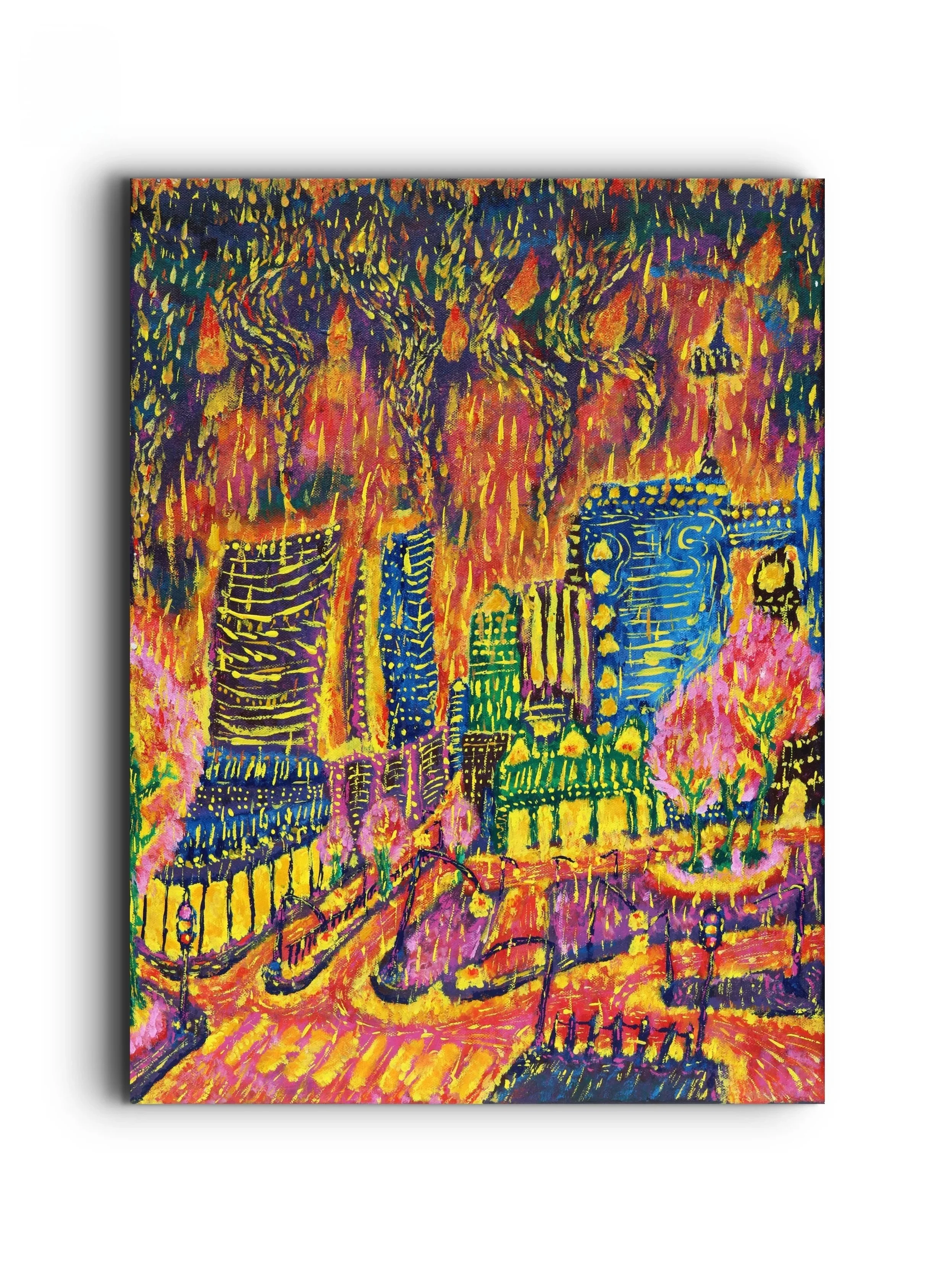 Colorful abstract painting of a cityscape with tall buildings, trees, and streetlights, using vibrant colors like pink, yellow, blue, and green.