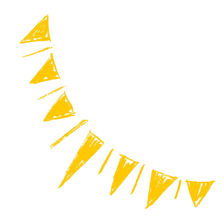 Yellow hand drawn pennant banners hanging against a clear background.