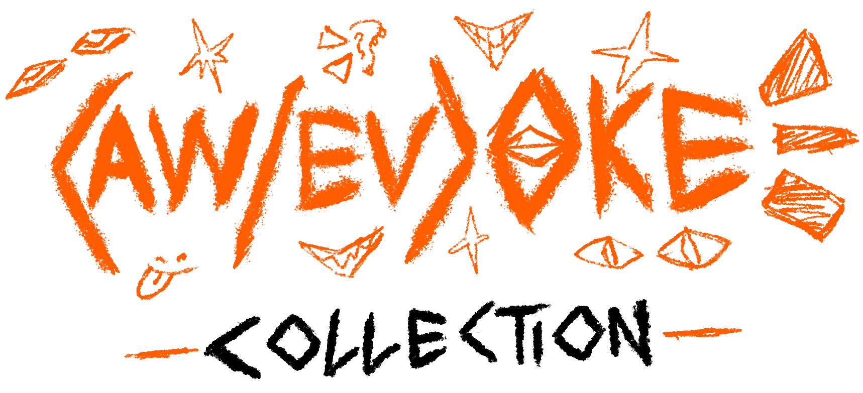 Stylized orange title saying "(AW/EV)OKE"  and "collection" surrounded by doodles of stars, ears, mouths, and eyes on a clear background.