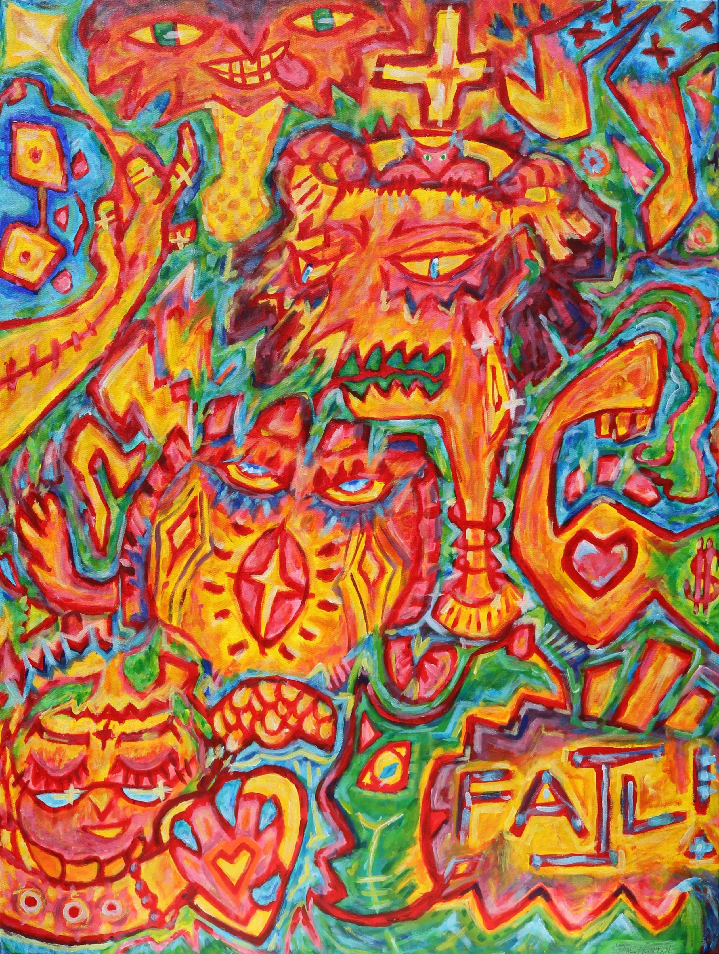 A colorful abstract painting featuring a large orange creature with sharp teeth and yellow eyes, surrounded by family and symbols, including hearts, and the words 'FAIL' in bold letters, by Australian artist Kurt Failagutan 2026