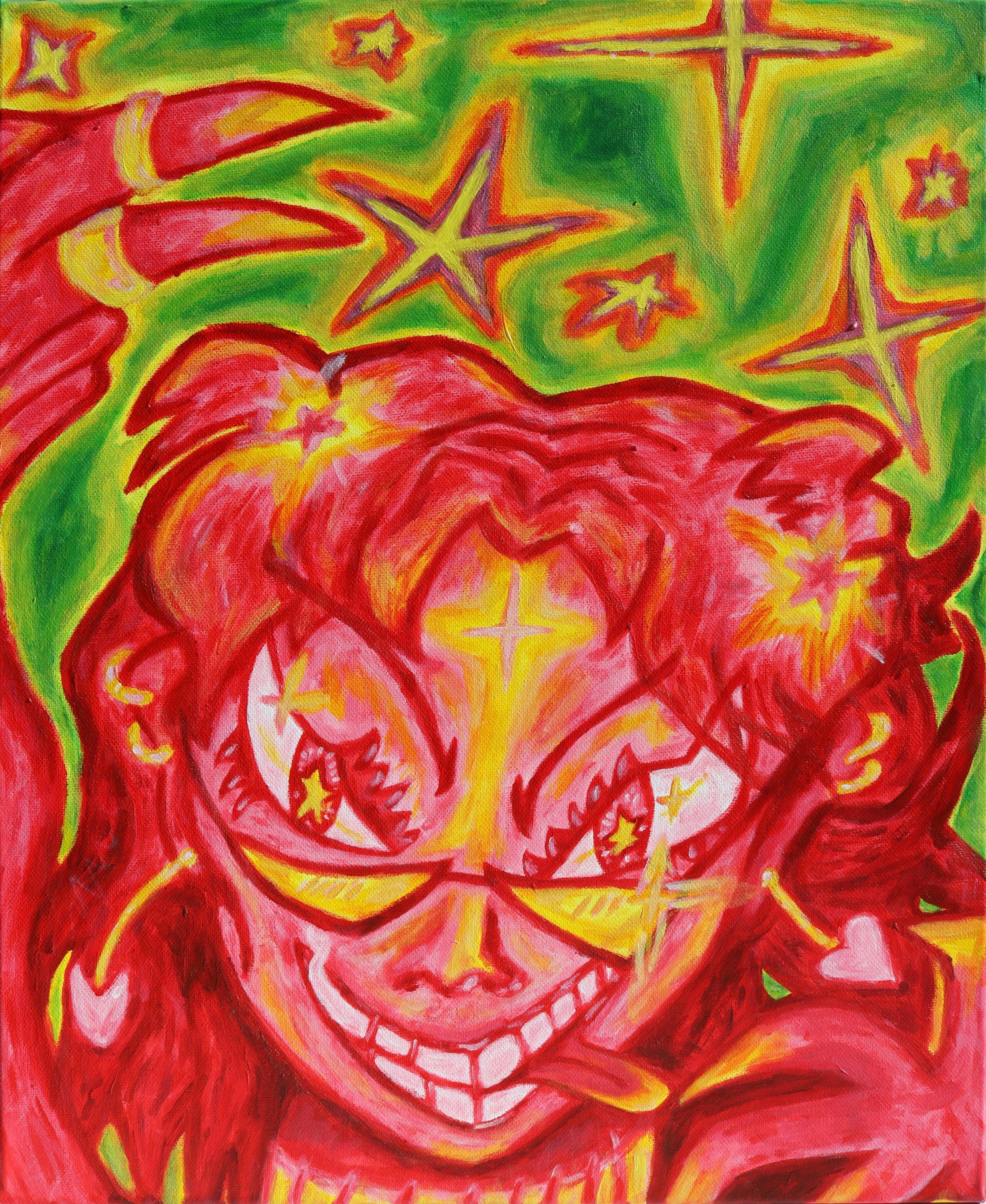 Original colorful acrylic painting of a smiling girl with exaggerated features and vibrant background filled with stars and hearts, by Australian artist Kurt Failagutan 2025