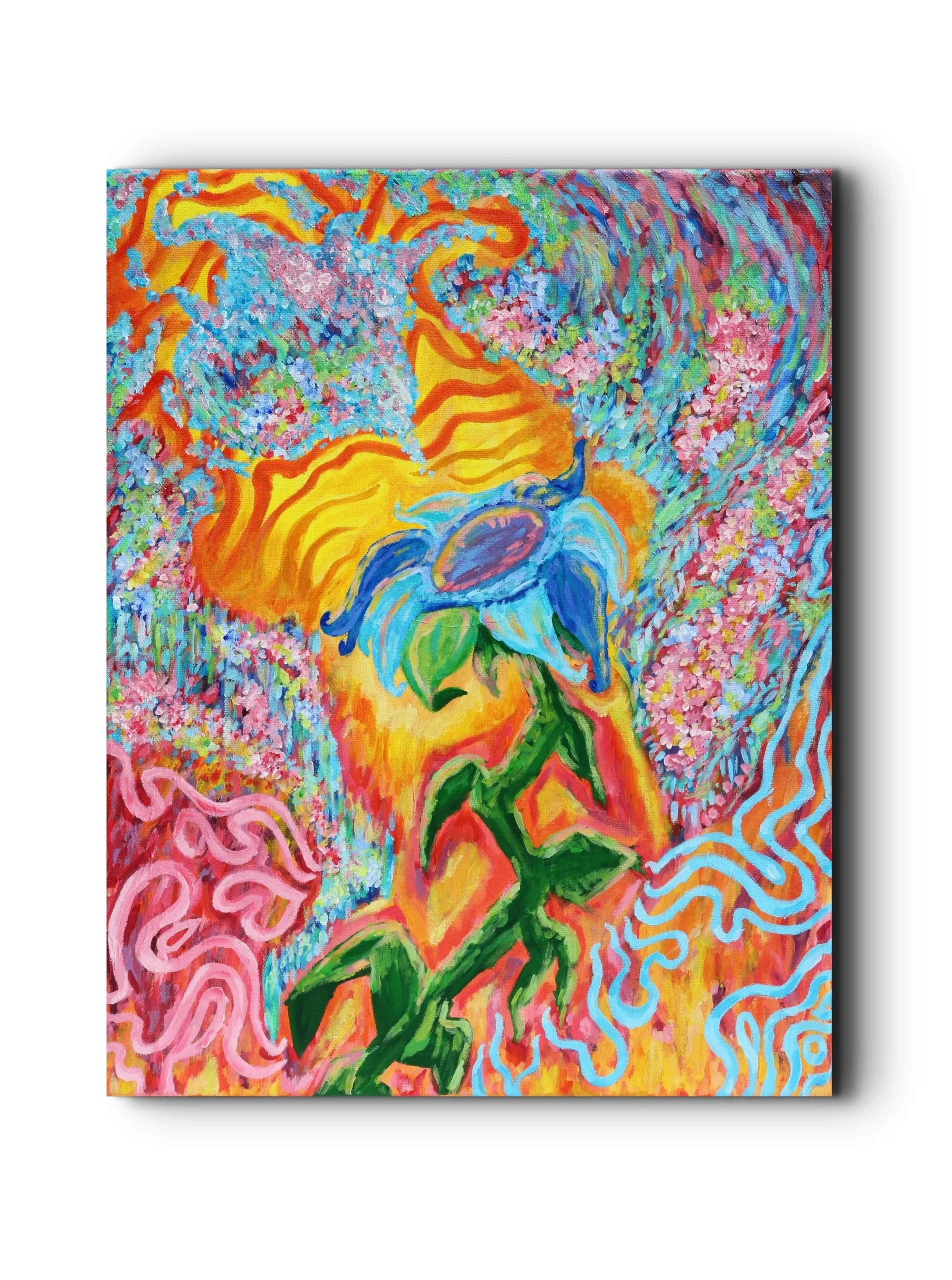 Vivid abstract painting of a flower with a blue and purple center, green stem, and blue petals, surrounded by swirls and colorful backgrounds in orange, pink, and blue.