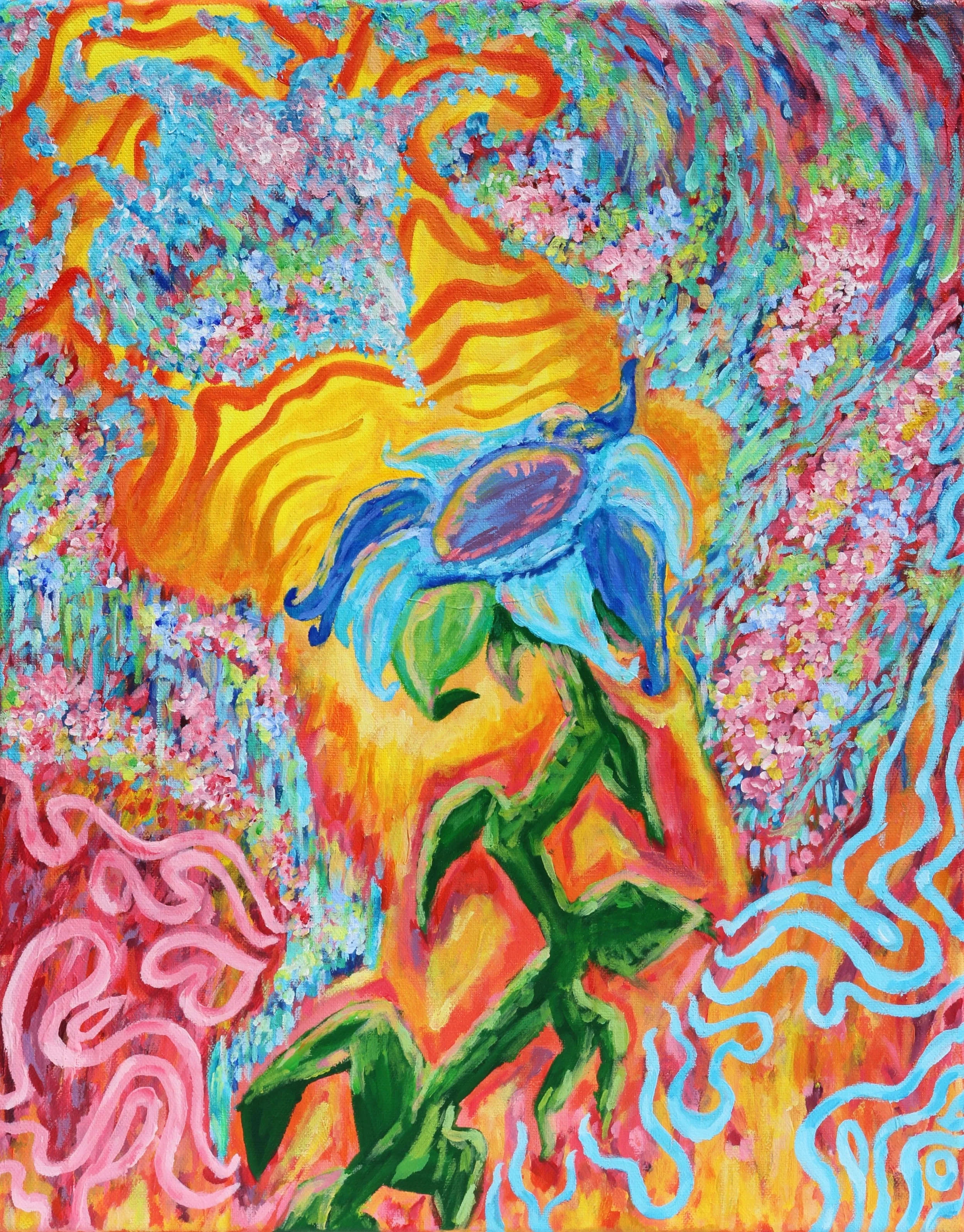 Original colorful abstract painting of a blue flower with green leaves and a thick green stem, surrounded by swirling patterns of pink, orange, yellow, and blue, creating a vibrant, energetic background, by Australian artist Kurt Failagutan 2025