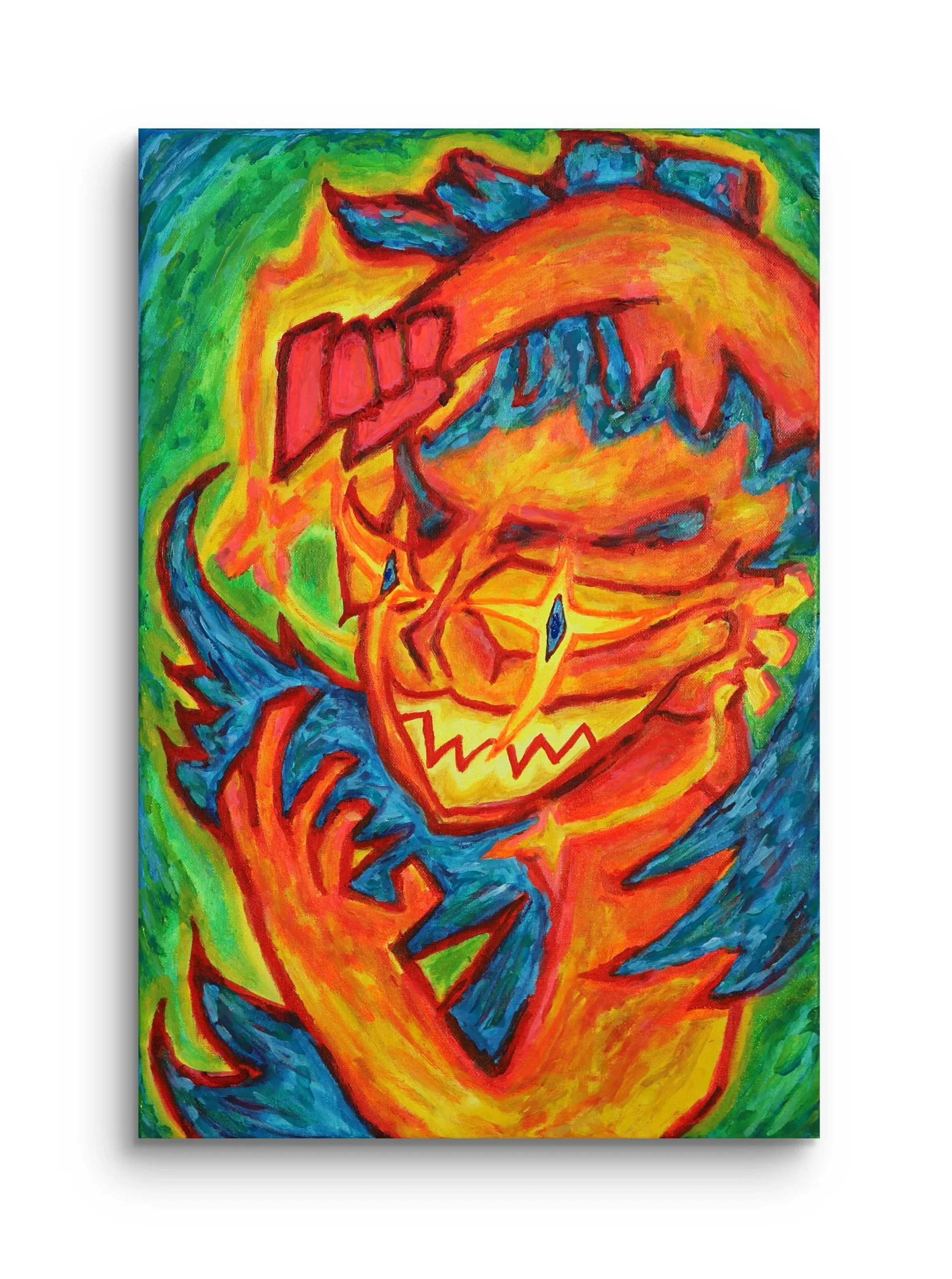 Colorful abstract painting of a smiley face with spiky features, surrounded by vibrant green, blue, orange, red, and yellow hues.