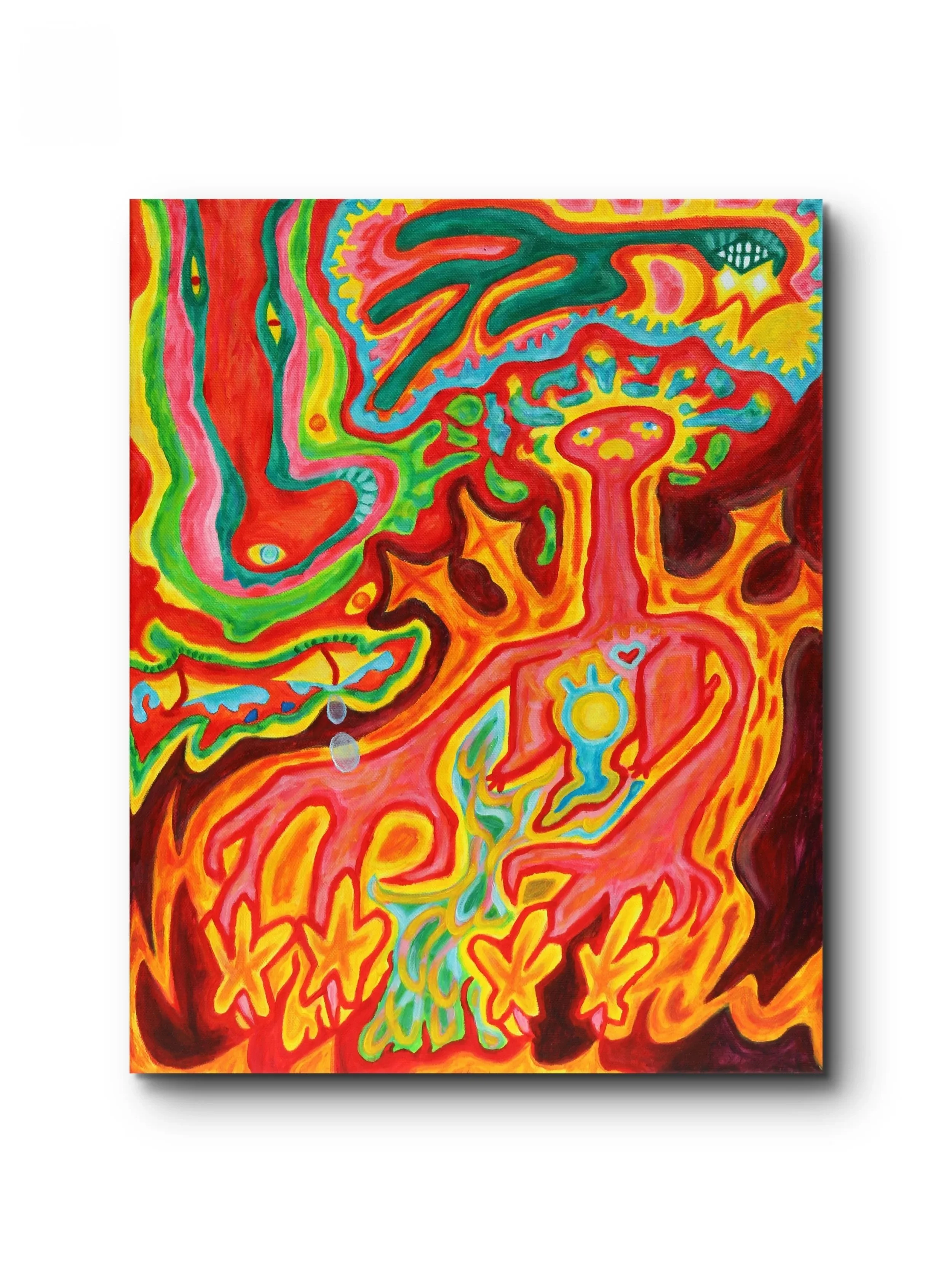 Colorful abstract painting with swirling patterns, bold lines, and vibrant hues of red, yellow, green, blue, and orange.