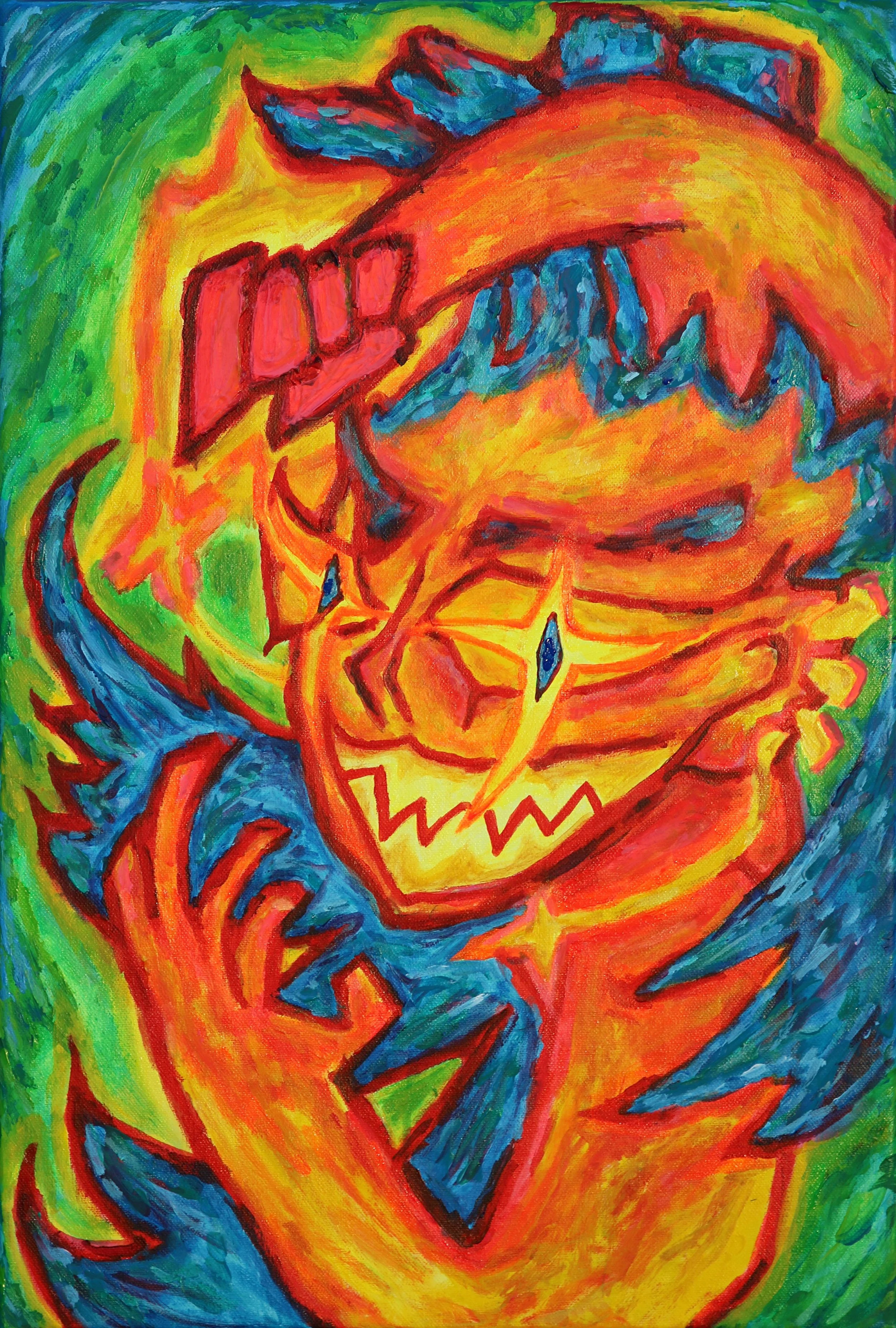Abstract painting of a fiery, smiling character with vibrant colors and playful brushstrokes with their fist in the air ready to punch someone, by Australian artist Kurt Failagutan 2026