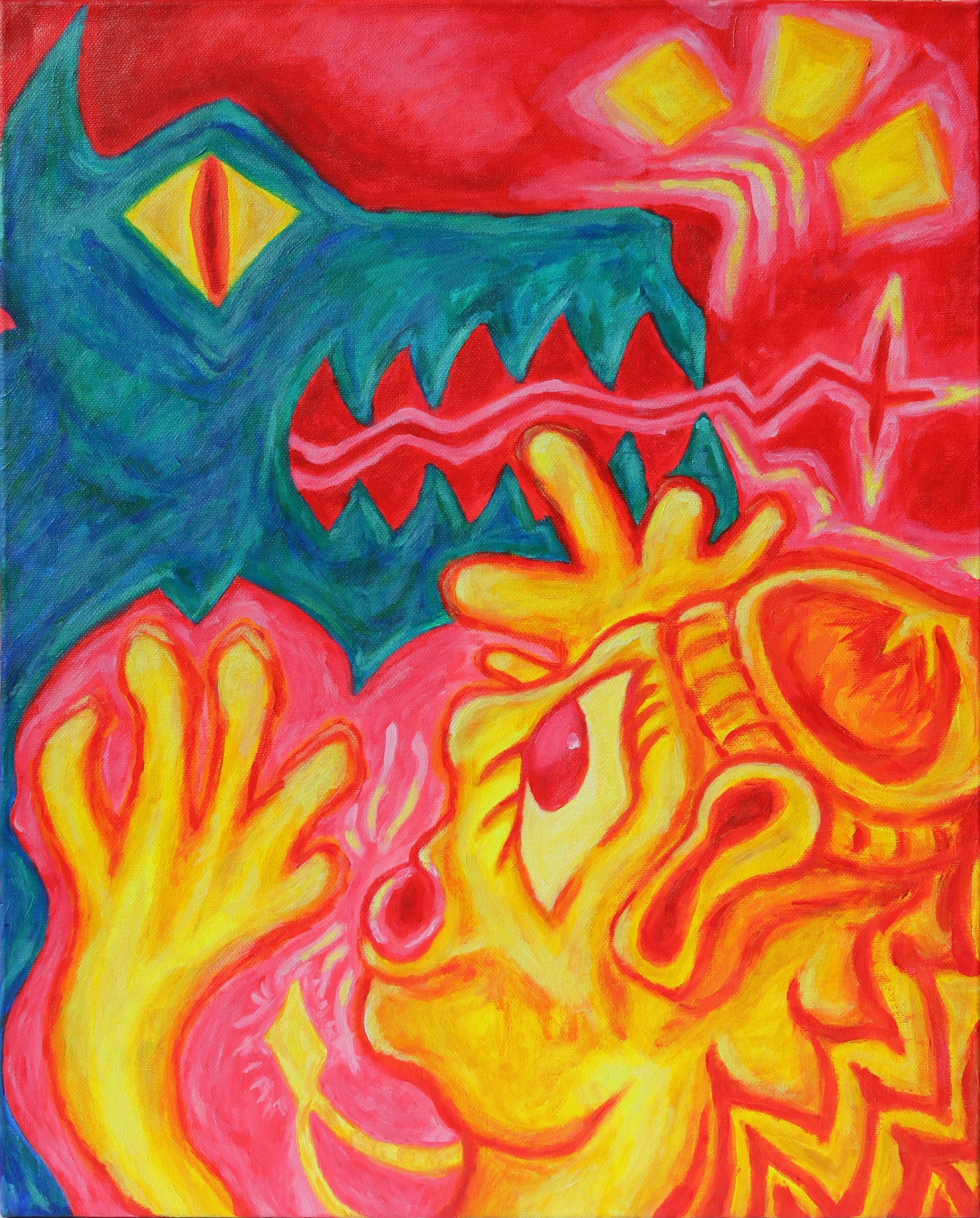 Orignal colorful abstract painting of a green dog with yellow and red eyes, jagged teeth, and a fiery orange and yellow mane. The background is red with yellow diamond-shaped accents and a lightning bolt, by Australian artist Kurt Failagutan 2025