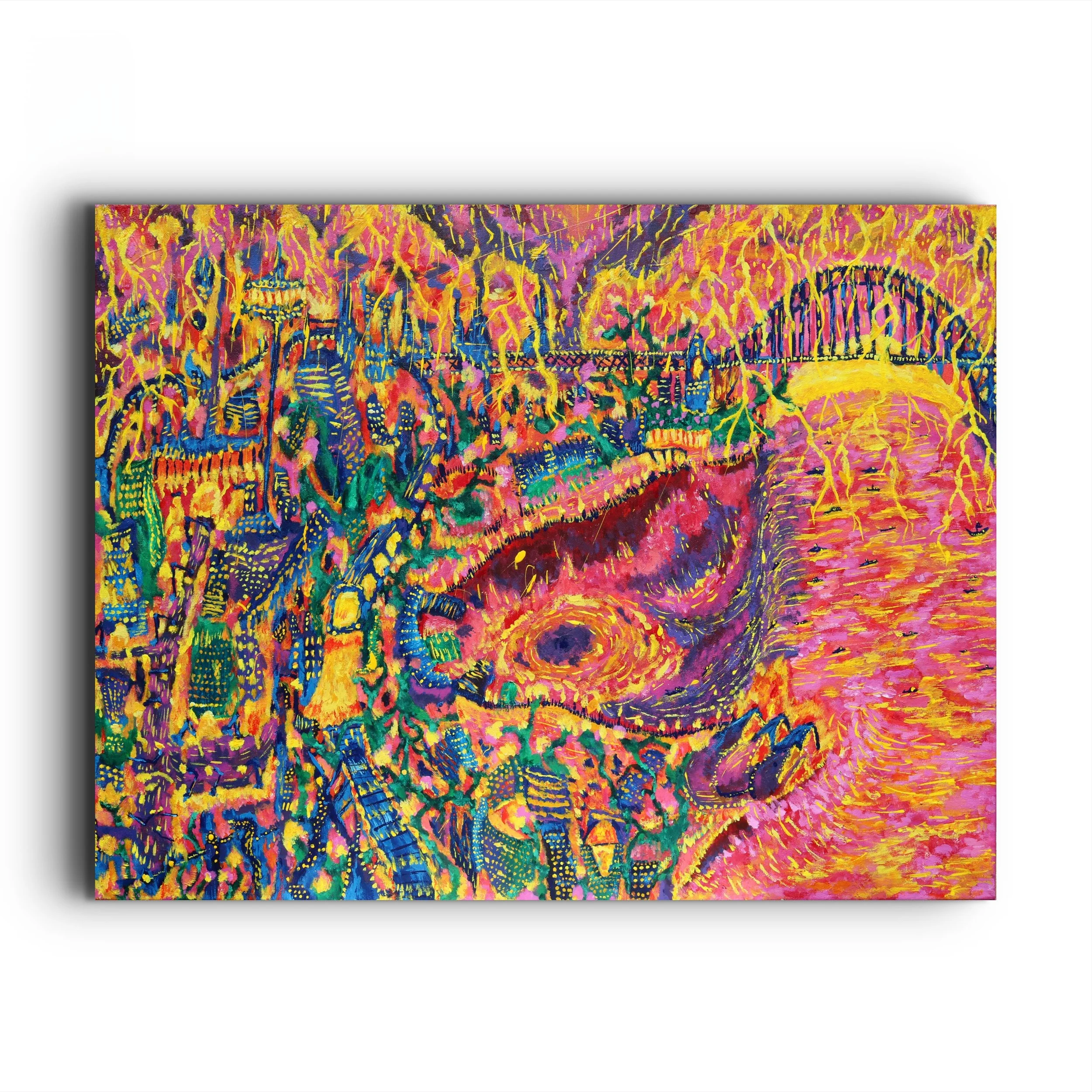 Colorful abstract painting of a Sydney cityscape, background of vibrant orange, yellow, pink, purple, and blue hues.