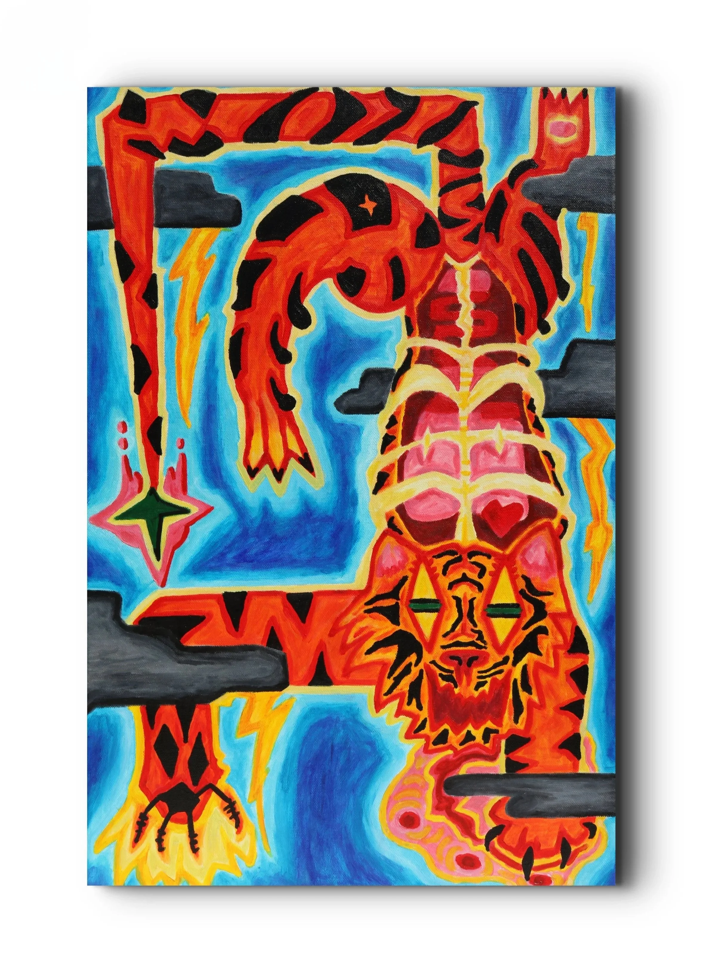Colorful abstract artwork featuring a tiger's face and a serpent, with vibrant shades of orange, pink, blue, and black, and various geometric and organic shapes.