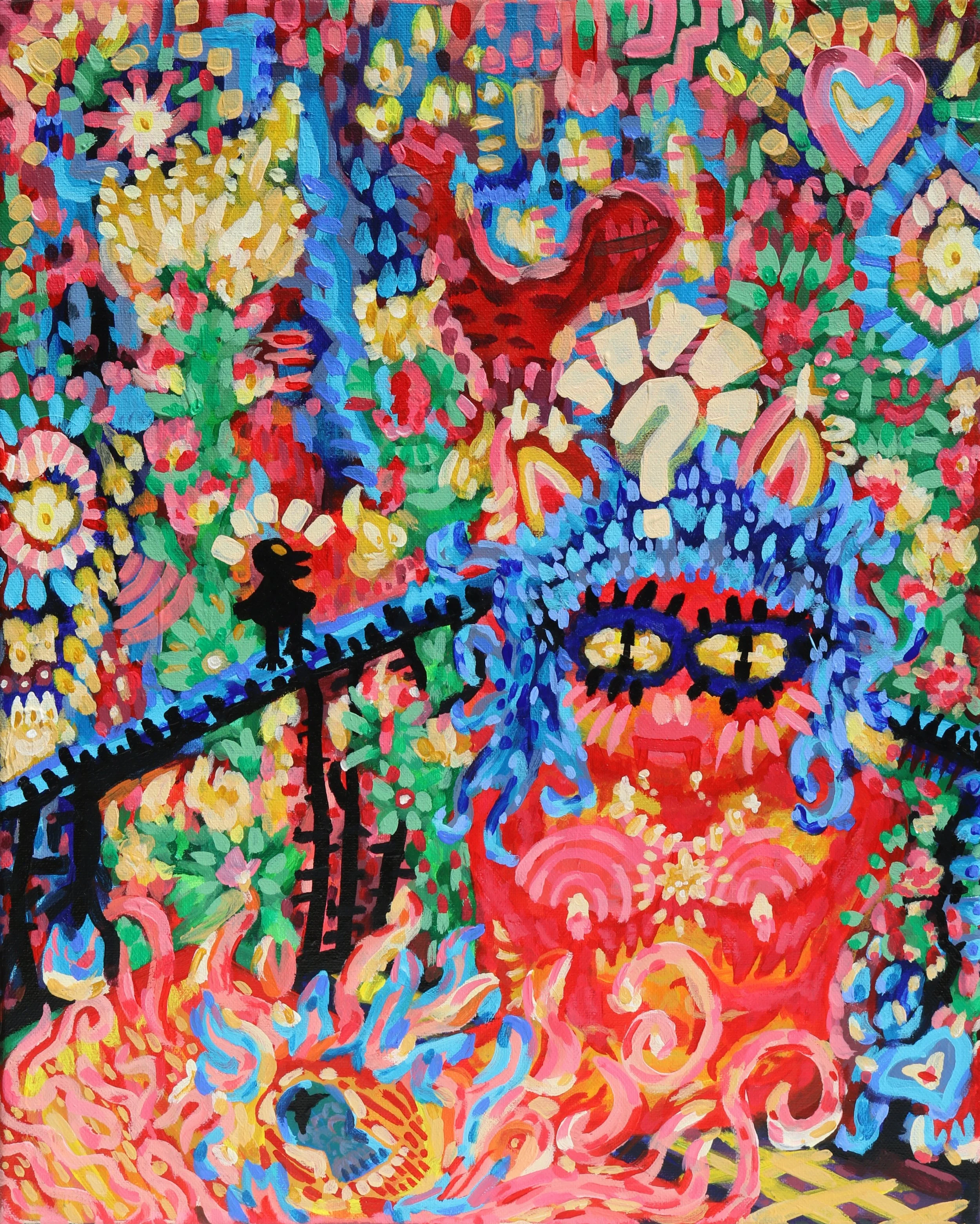 Original colorful, abstract painting featuring various cartoon-like characters, flowers, and whimsical elements with bright, vivid colors by Australian artist Kurt Failagutan 2025