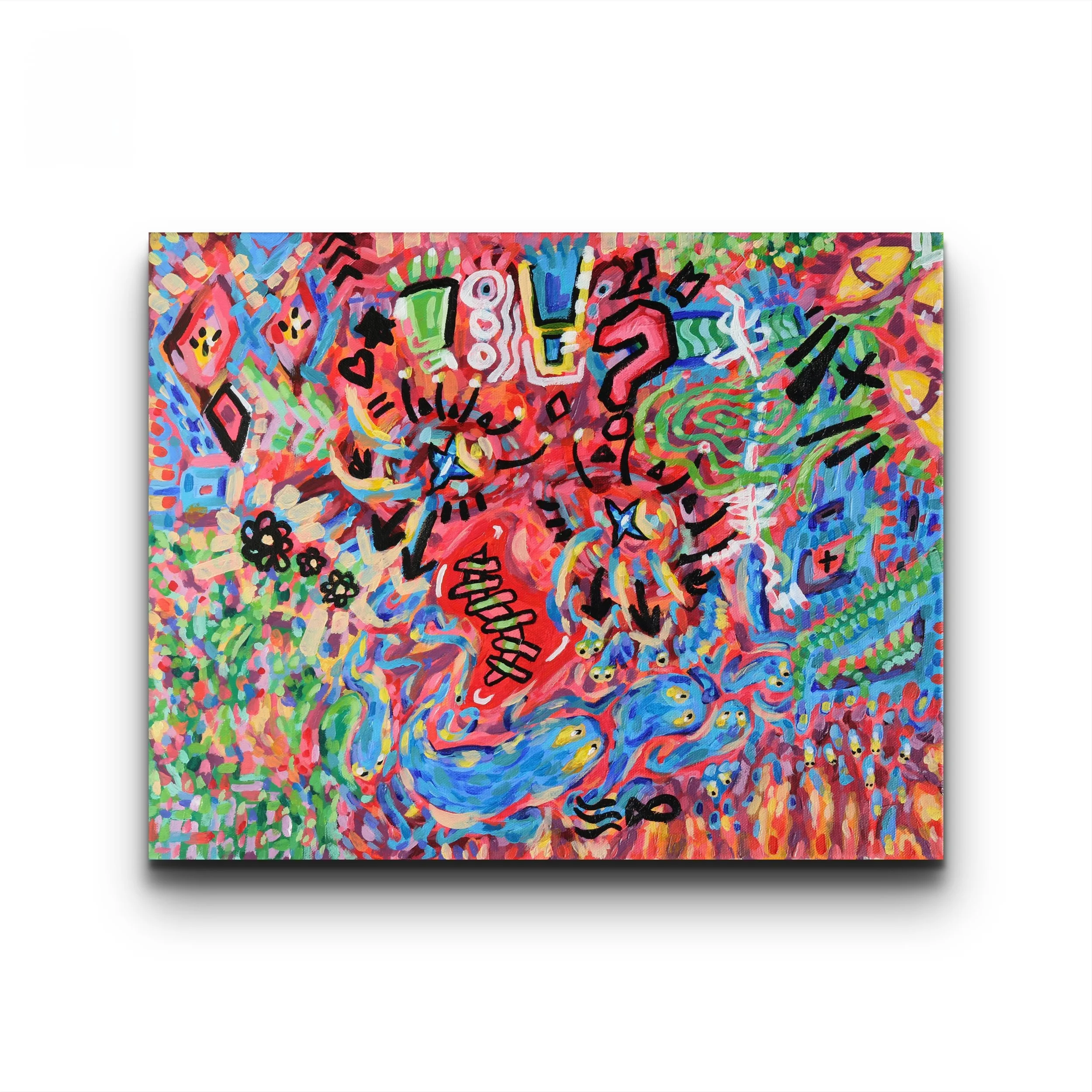 Colorful abstract painting with various shapes, lines, and patterns, including question marks, smiley faces, and swirling designs.