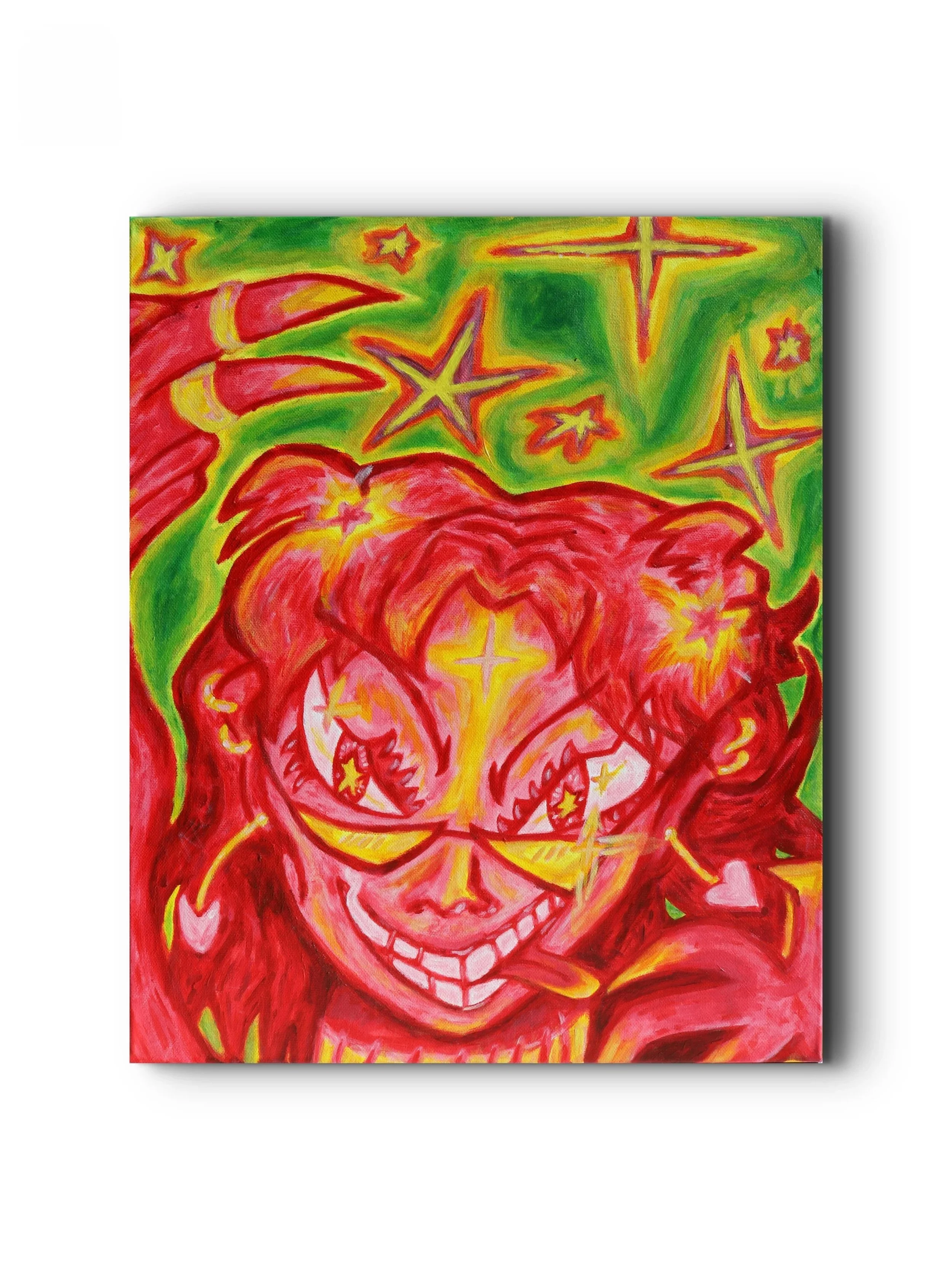 Colorful painting of a grinning pink girl with sharp teeth, large eyes, and fiery red hair, surrounded by glowing stars and sparkles in green, yellow, and red tones.