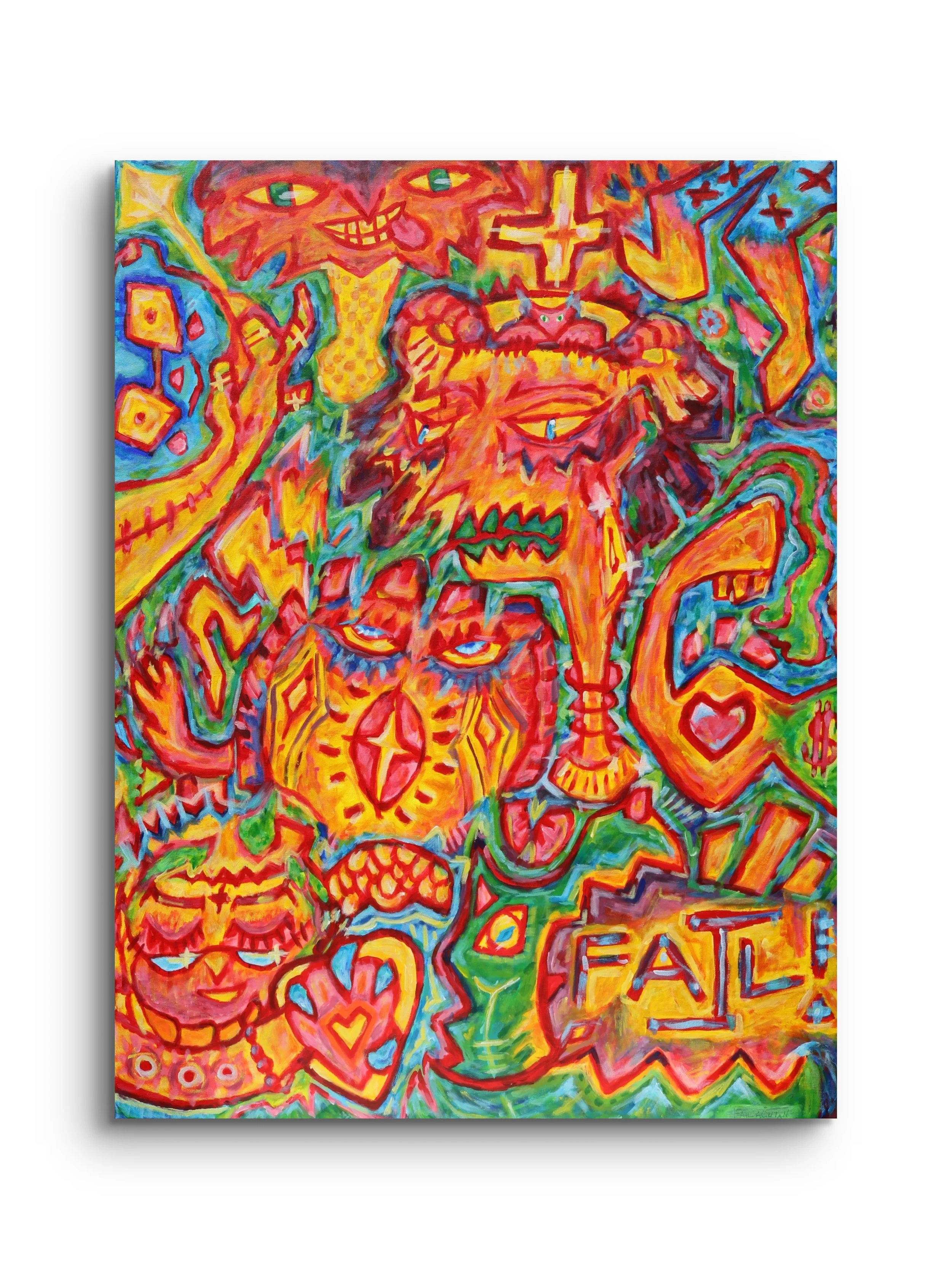 Colorful abstract painting with various distorted faces, shapes, and symbols in red, yellow, green, blue, and orange hues, including a face with blue eyes, hearts, dollar signs, and the word 'FALL'.