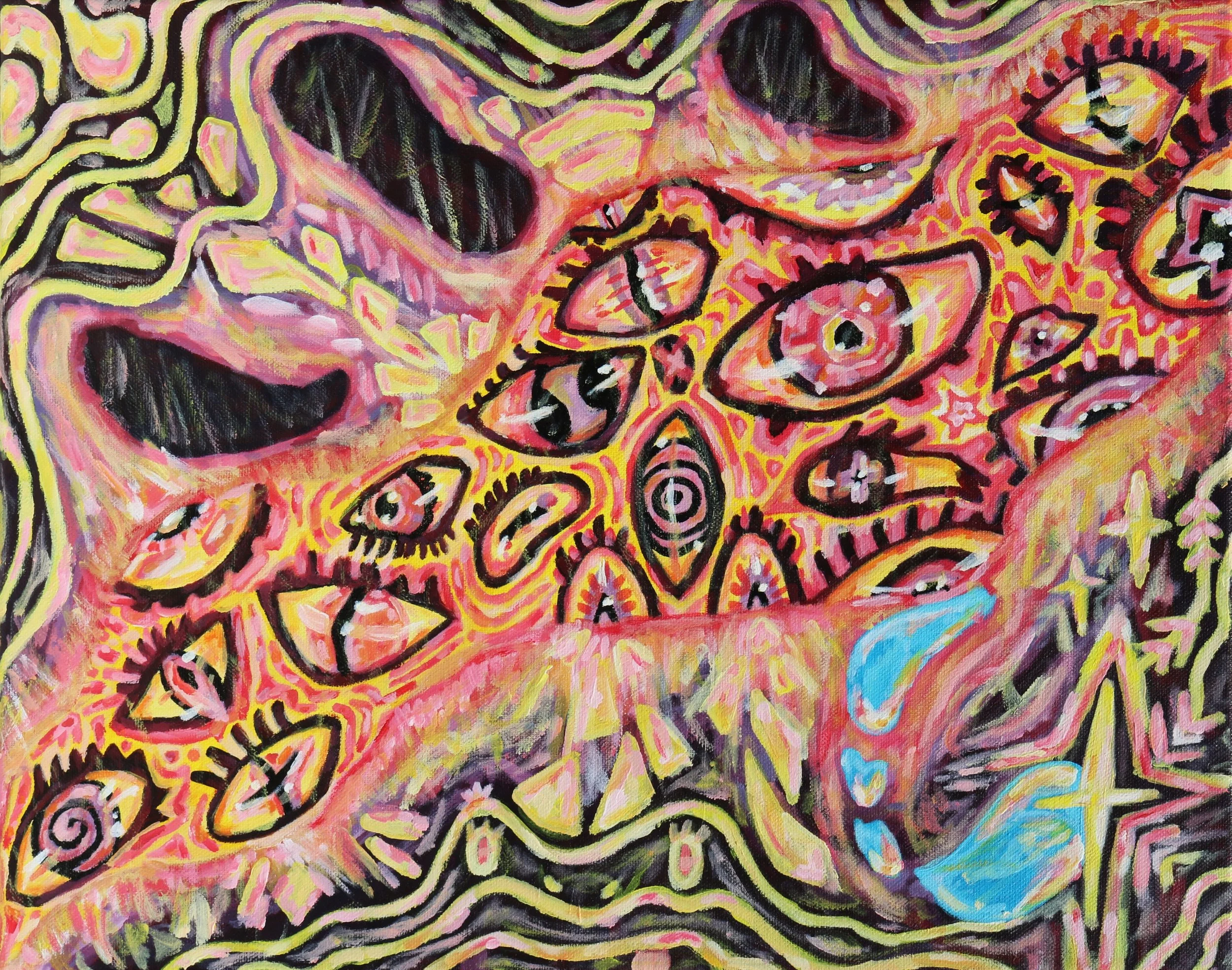 Original abstract painting featuring multiple eyes, vibrant colors, and organic shapes with pink, black, yellow, and blue highlights, by Australian artist Kurt Failagutan 2025