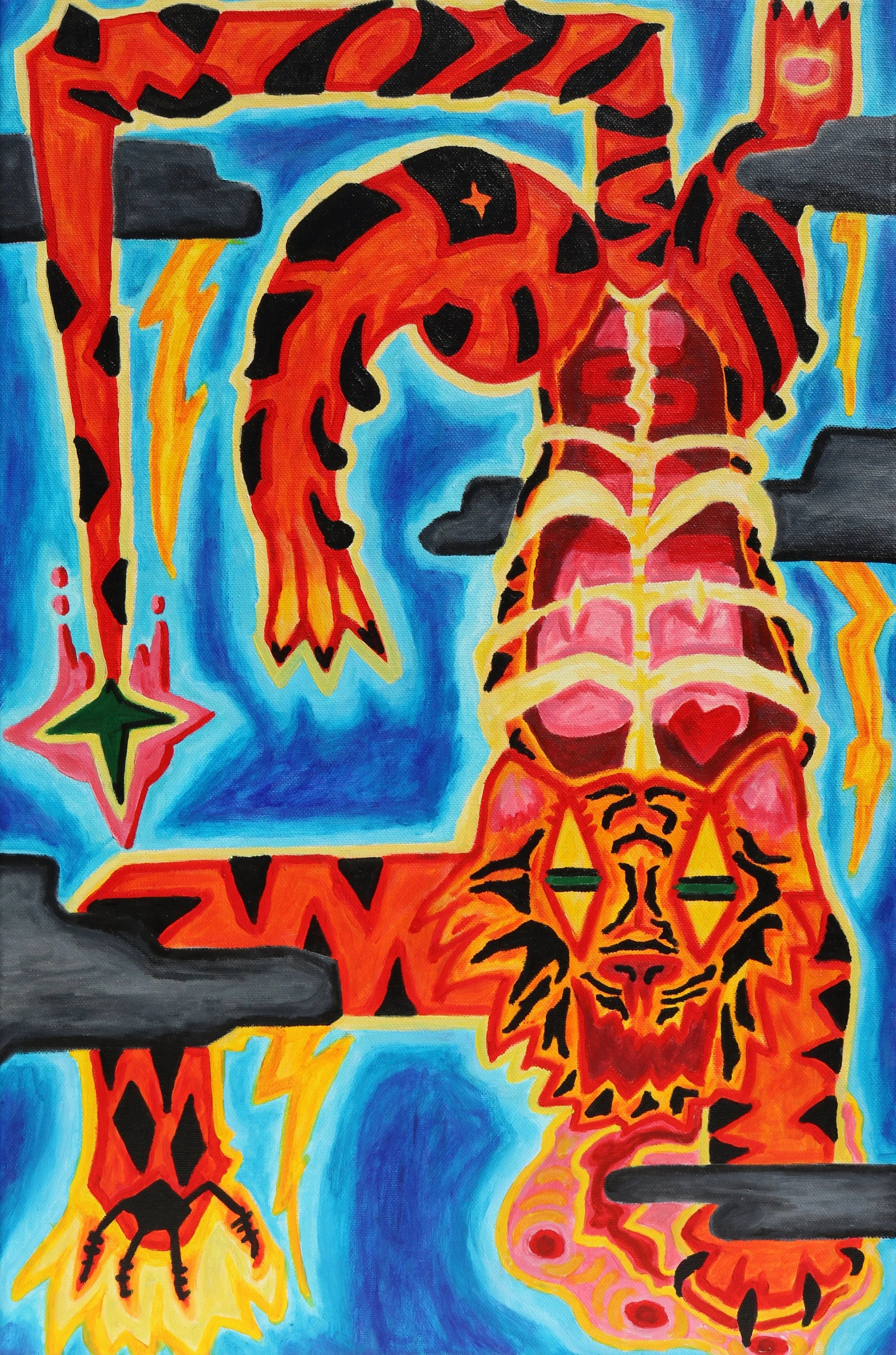 Original colorful abstract painting featuring a prominent orange and black tiger, jagged lightning bolts, clouds, and a green star-shaped object, by Australian artist Kurt Failagutan 2025