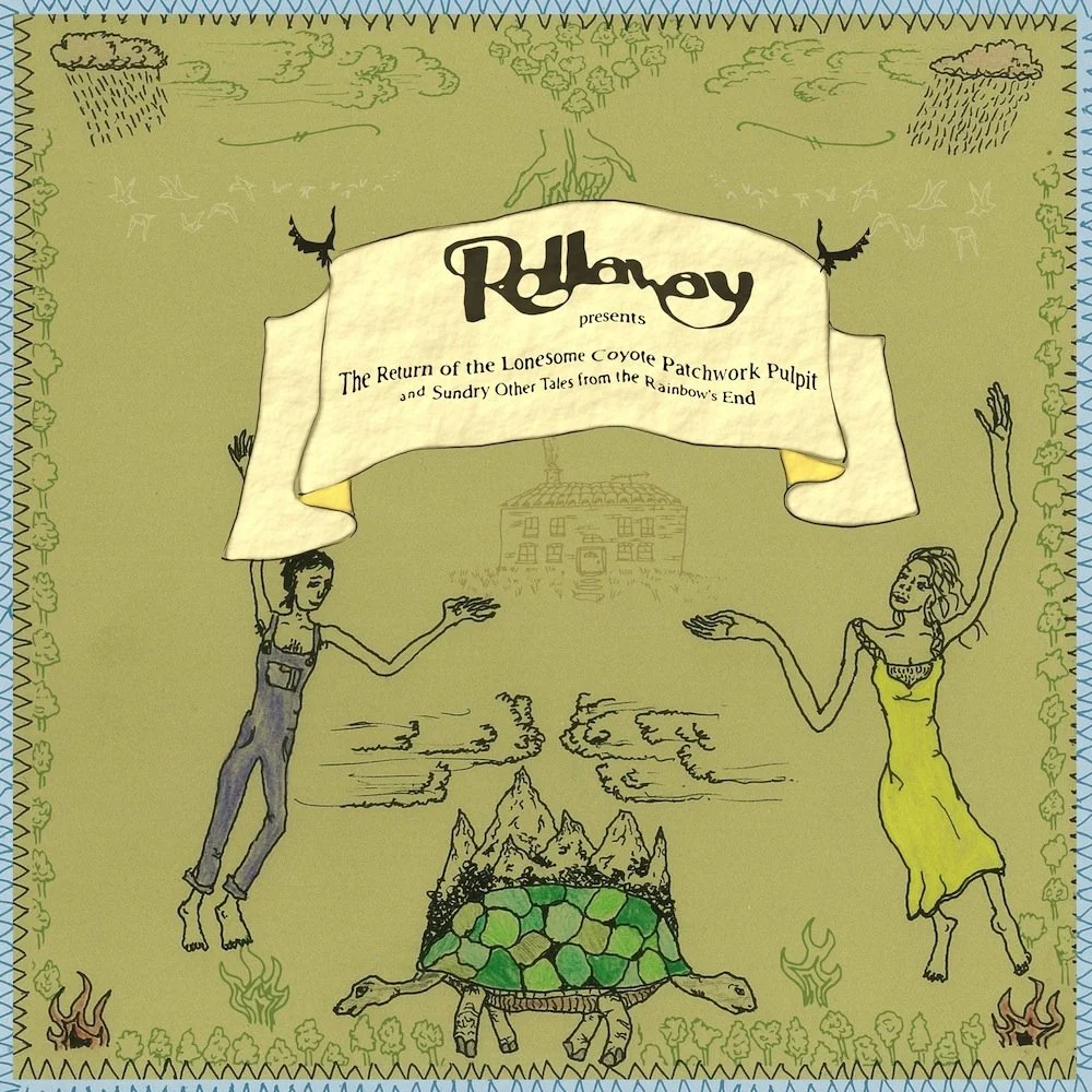 Illustration featuring two women and a turtle with a mountainous shell, surrounded by trees and clouds. A banner with text presents a show or story.