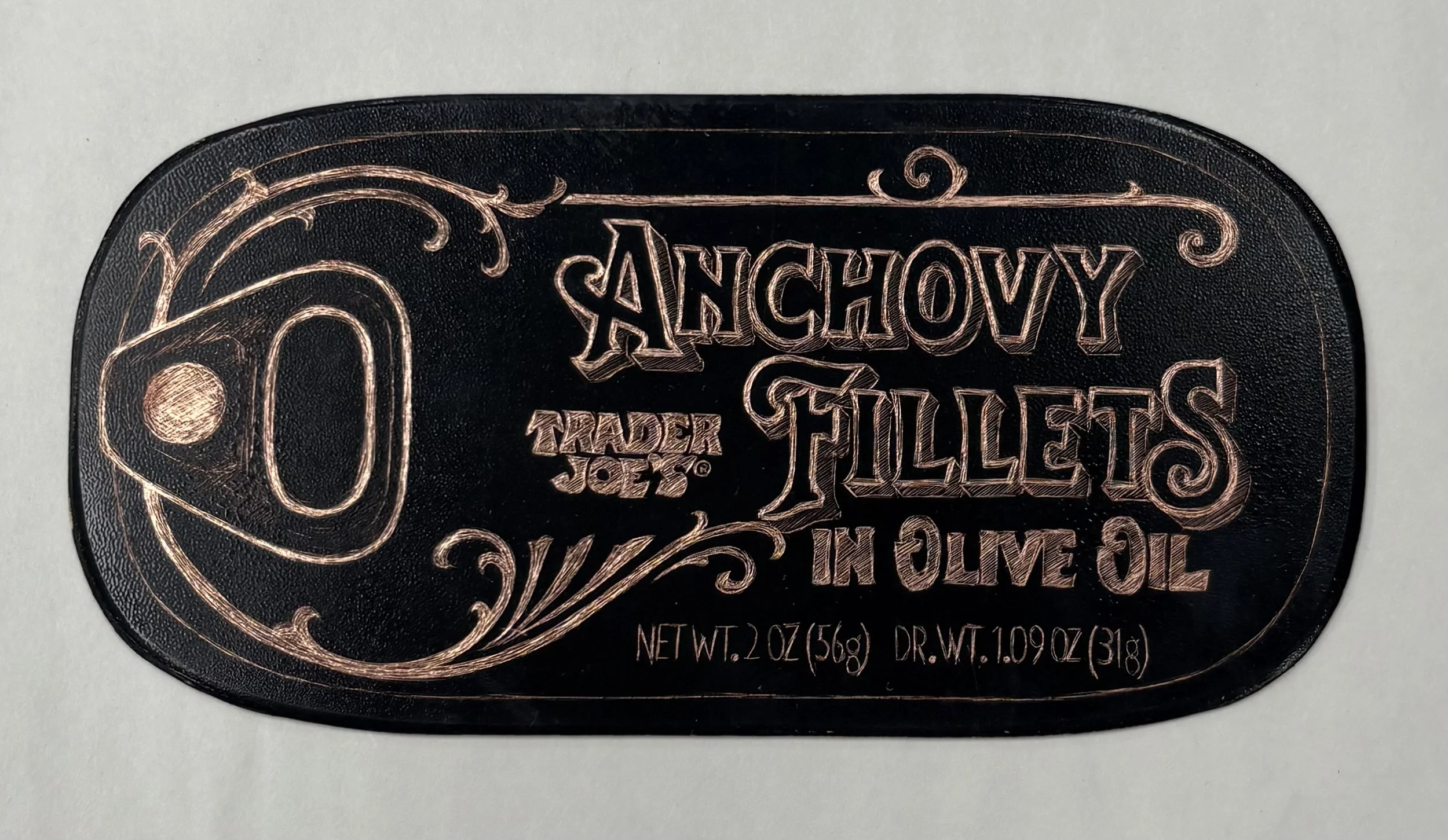 Trader Joe's Anchovy Fillets in Olive Oil. 2025, copper plate