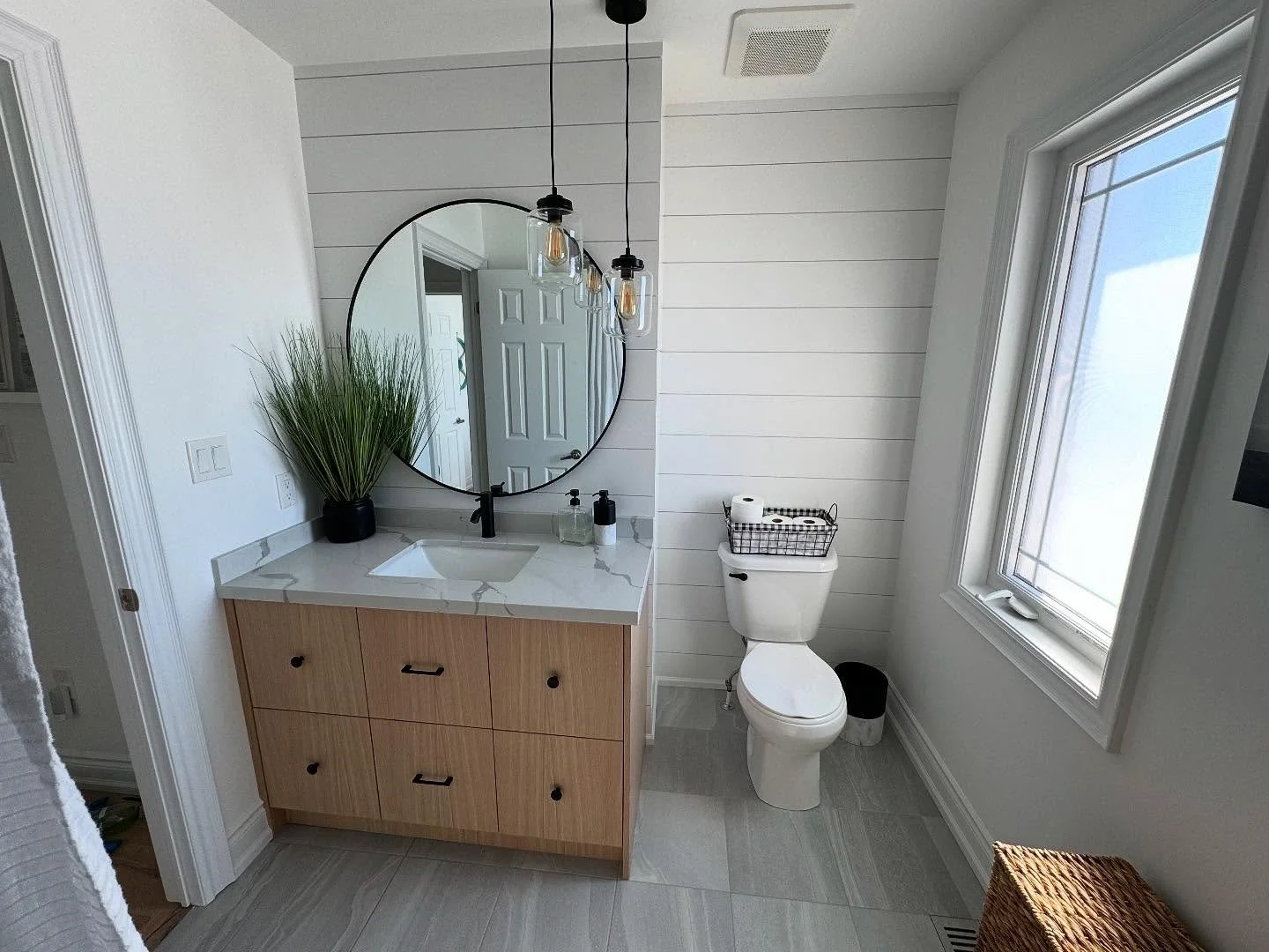 Bathroom vanity  shiplap wall feature