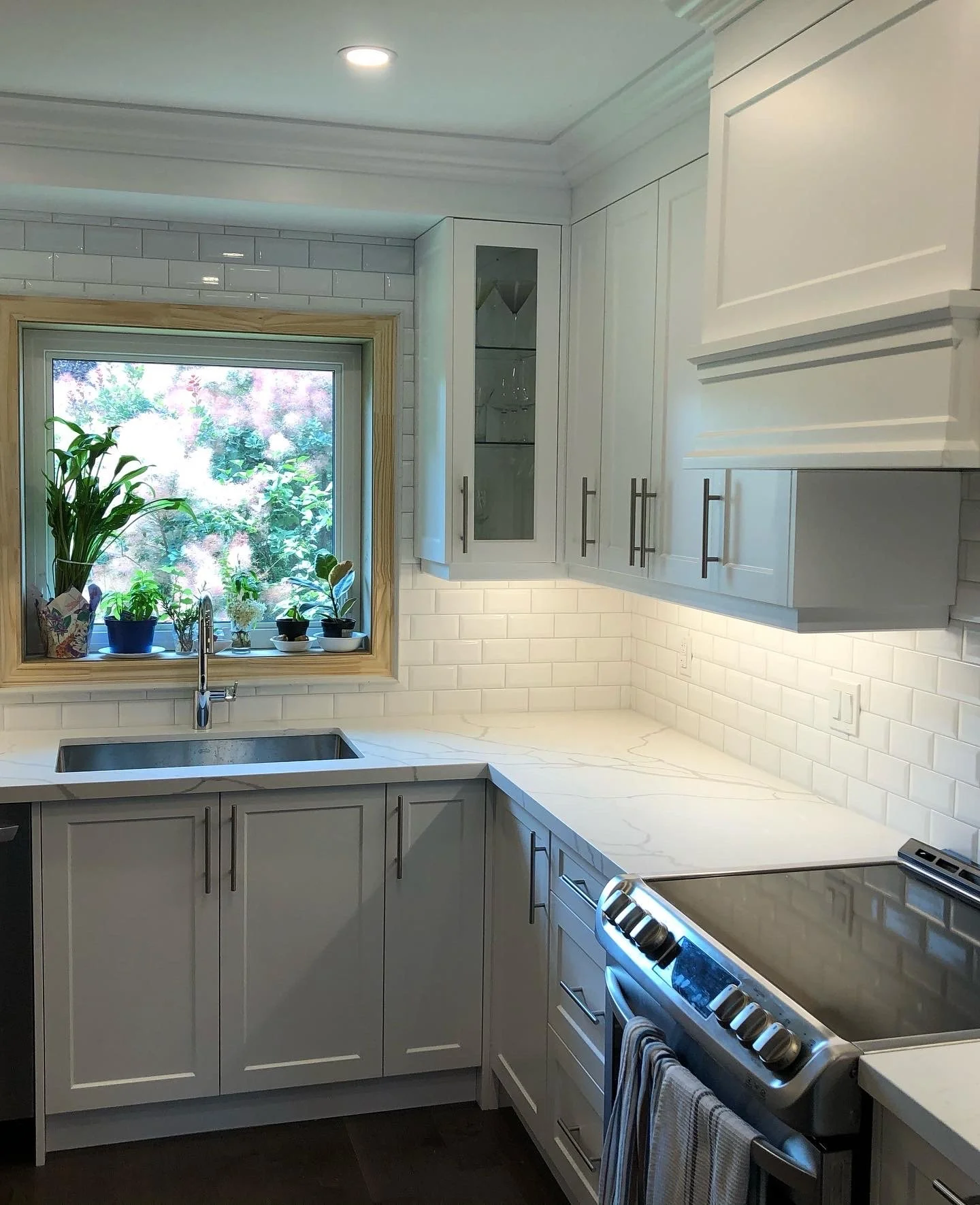 Kitchen with white cabinets, marble countertop, stainless steel stove, and window with potted plants outside.
