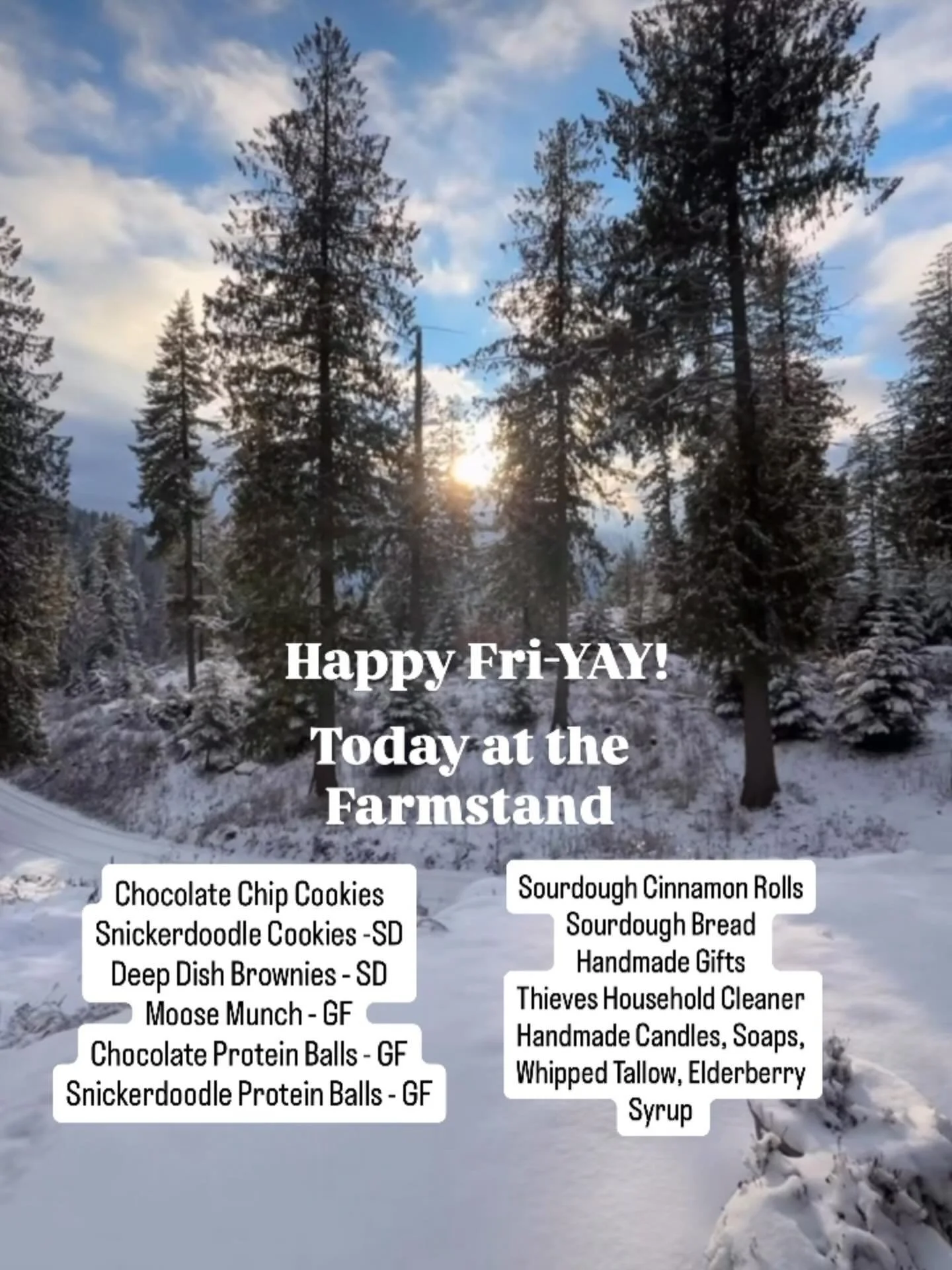 Happy Fri-YAY from the Farmstand!
❄️☀️🩵✨
Open today February 20th, 8-6
Chocolate Chip Cookies 
Snickerdoodle Cookies -SD
Deep Dish Brownies - SD
Moose Munch - GF
Chocolate Protein Balls - GF
Snickerdoodle Protein Balls - GF
Sourdough Cinnamon Rolls
