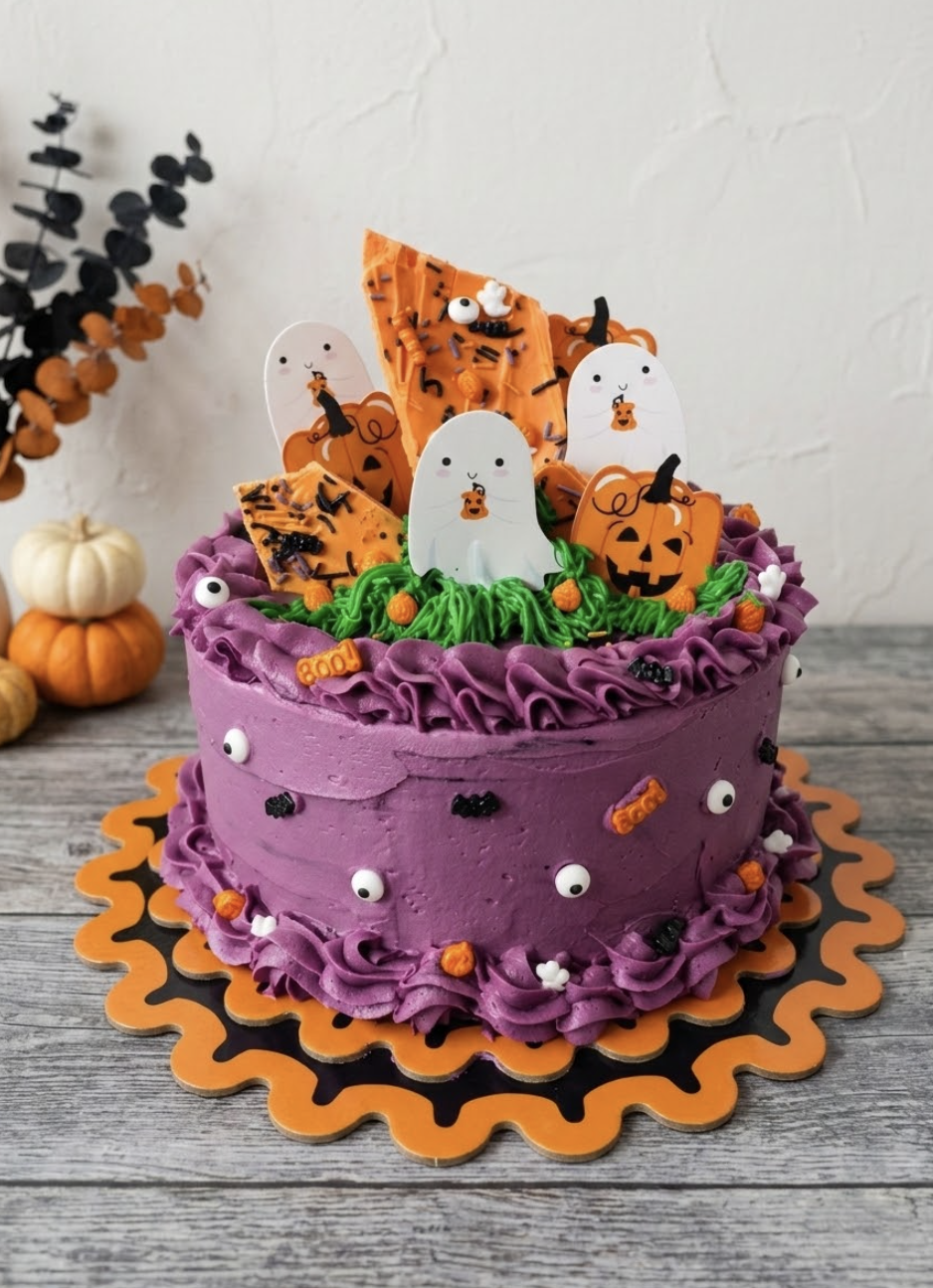 Purple Halloween-themed cake decorated with green icing grass, ghost, and pumpkin paper cutouts, with orange and black sprinkles, candy eyes.