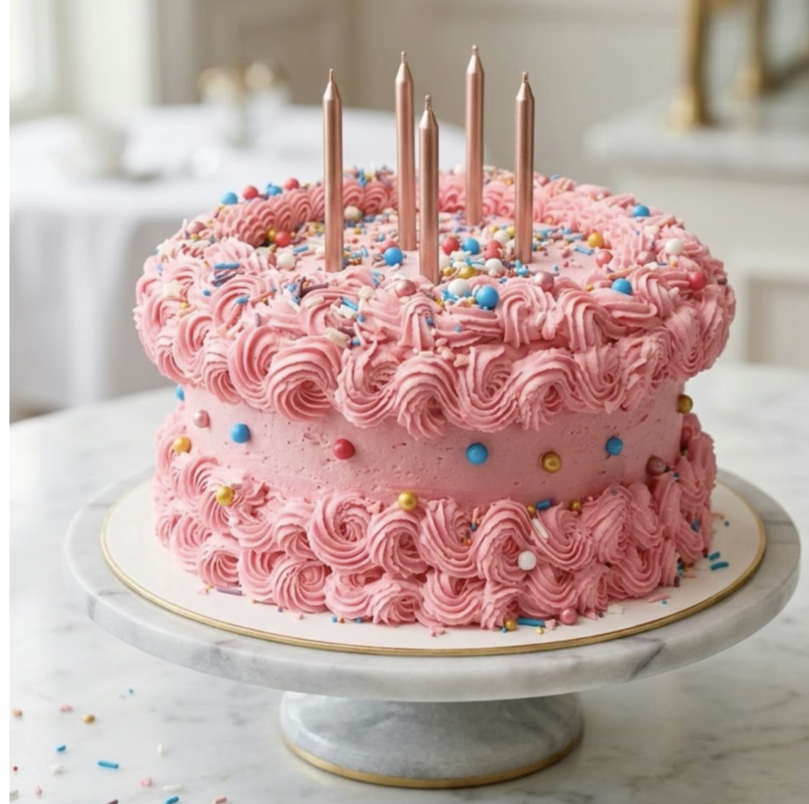 Pink birthday cake with piped icing, colorful sprinkles, and five pink candles on top, on a white marble cake stand.