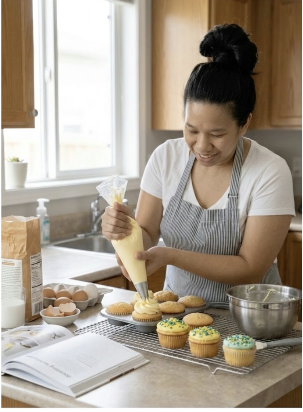 A woman with a bun hairstyle wearing a striped apron and white t-shirt is decorating cupcakes with yellow frosting and sprinkles in a bright kitchen. There are eggs, a flour bag, a cookbook, and mixing bowls on the counter.