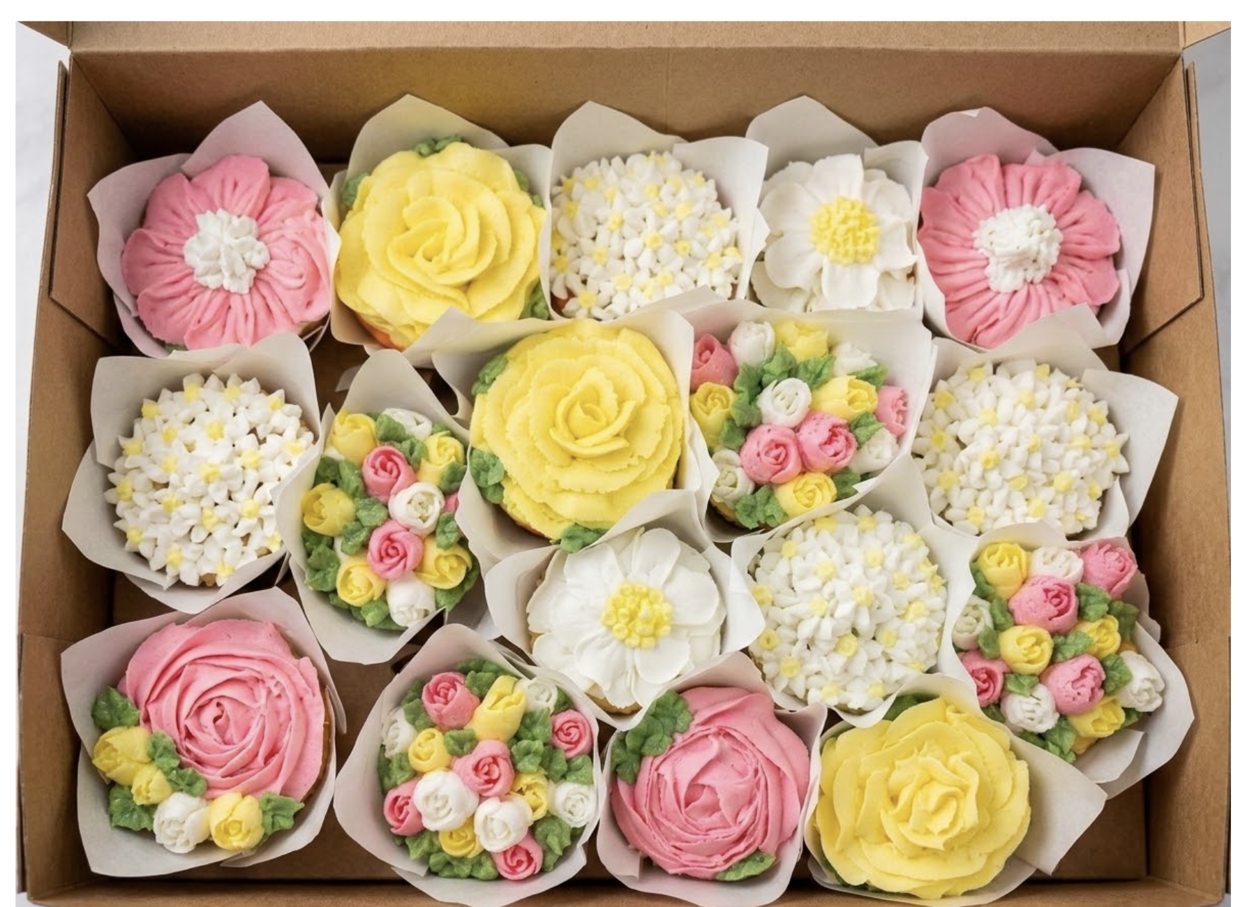 Assorted cupcakes decorated with pastel icing in the shape of flowers, arranged in a cardboard box.