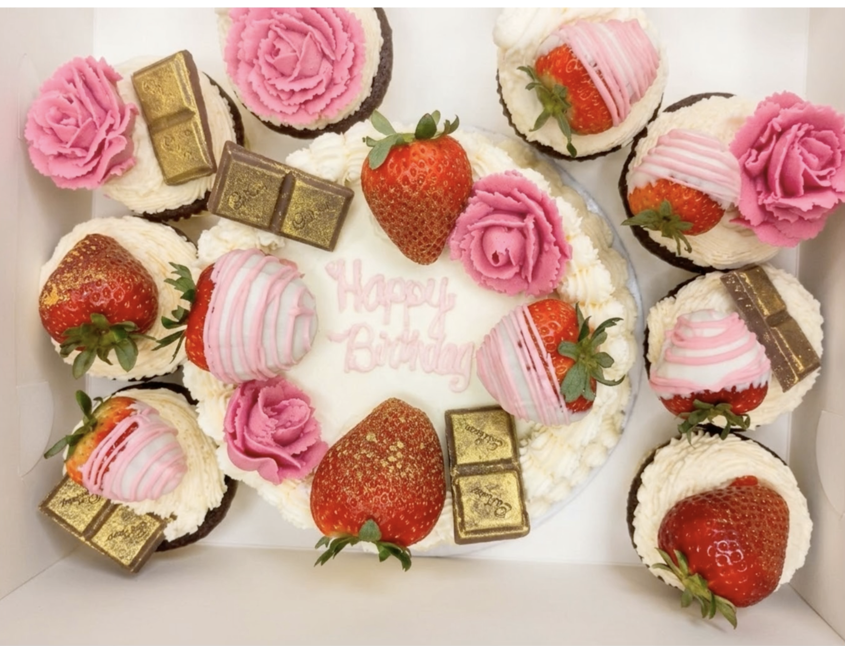 A birthday cake decorated with strawberries, pink roses, and chocolates, with pink and white icing, and a pink message that says 'Happy Birthday'.