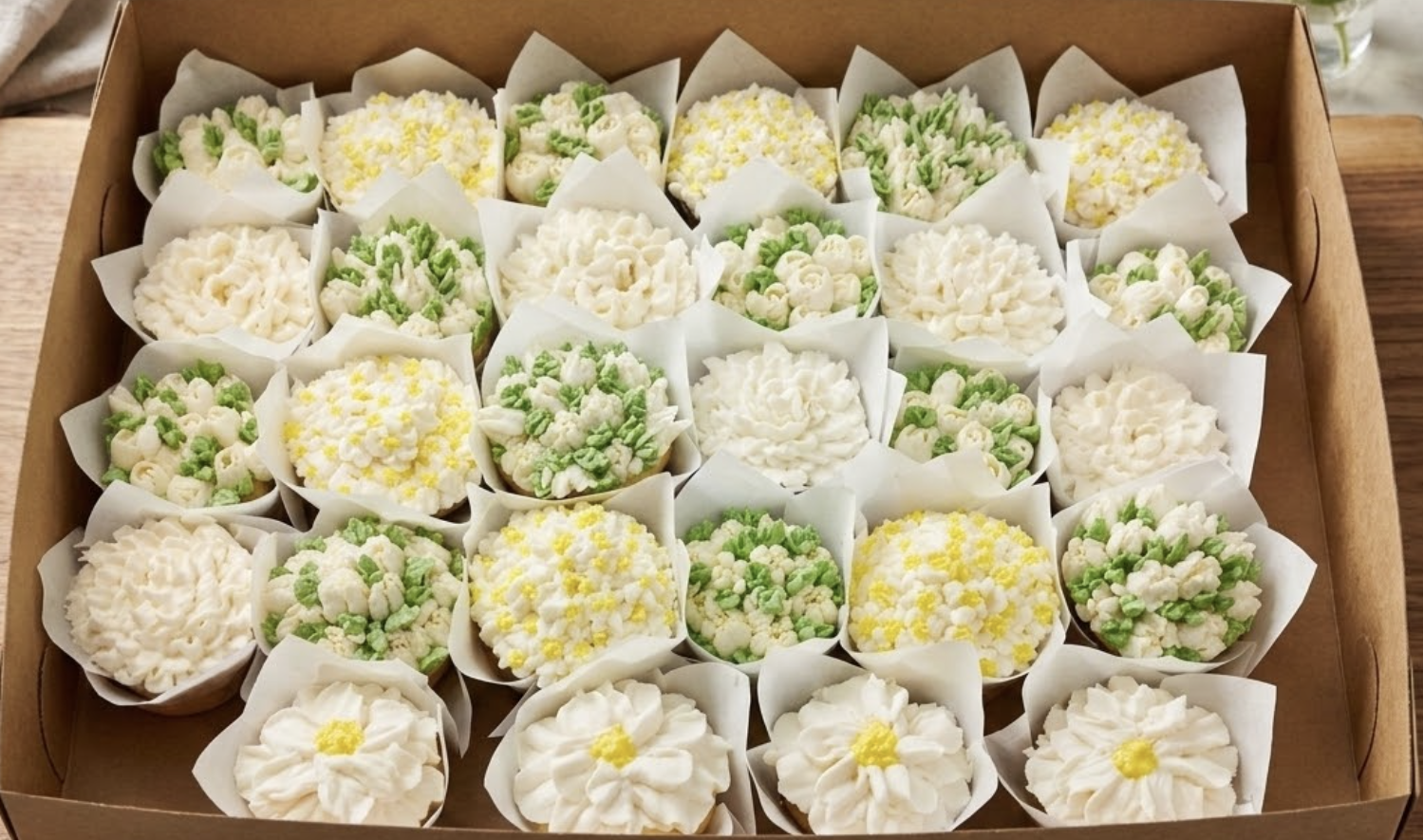 A box of assorted floral decorated cupcakes with white icing and green and yellow accents, arranged in a cake box.