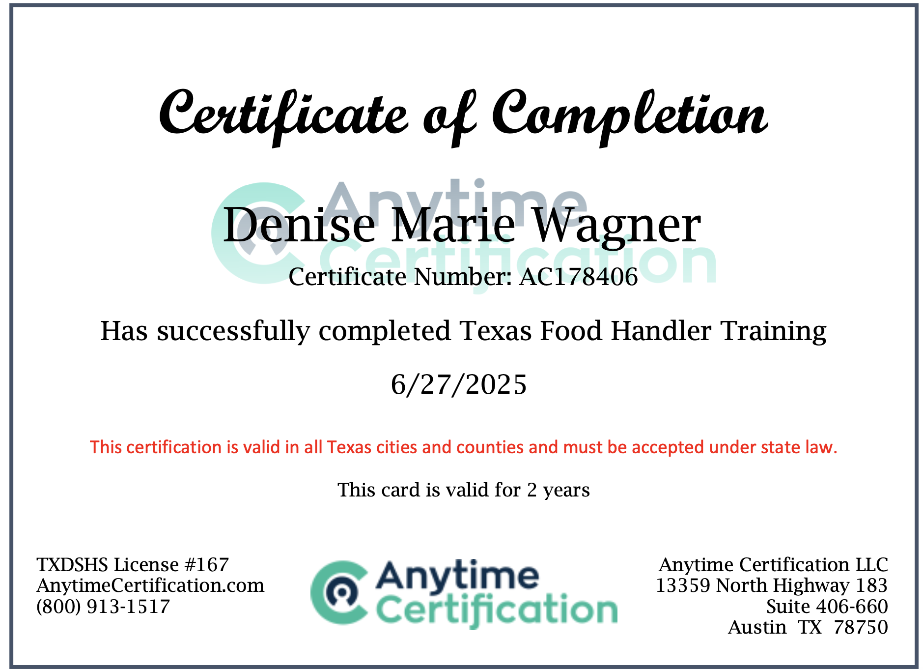 Food handler's certificate for the state of Texas, with black and red writing