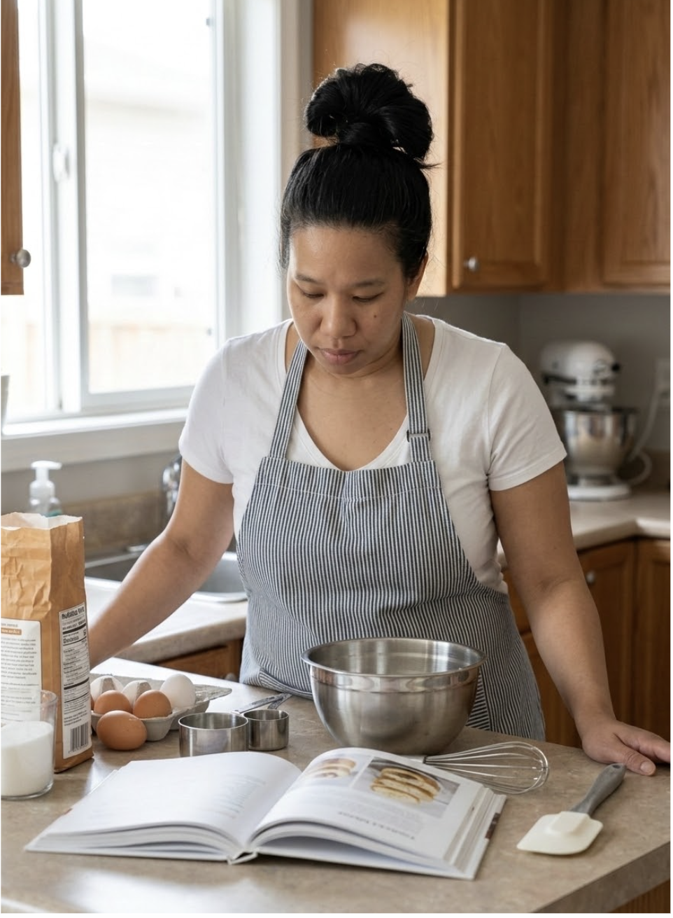 Woman in apron standing at kitchen counter with baking ingredients, eggs, mixing bowl, whisk, cookbook, and baking tools preparing to bake.